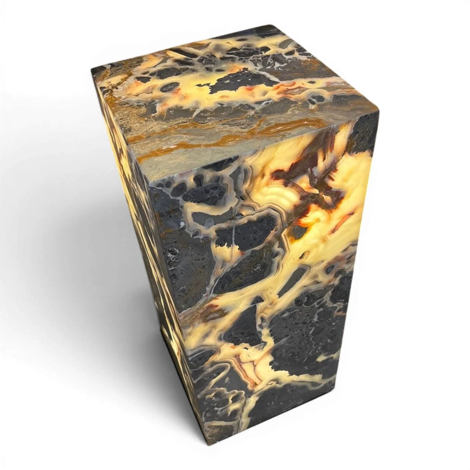 Handmade Mexican square onyx tower floor lamp with rich natural stone patterns and warm ambient glow