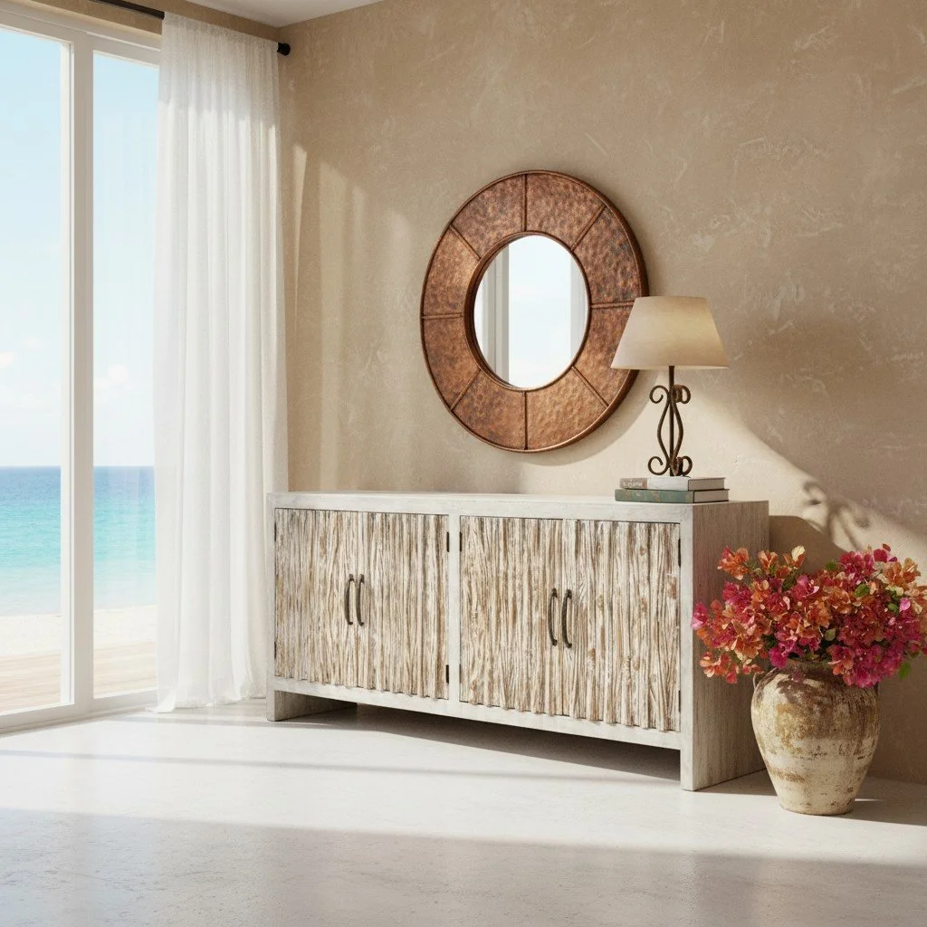 Handmade Peruvian Luciana Buffet with white-gray body and intricate brown and white molded doors