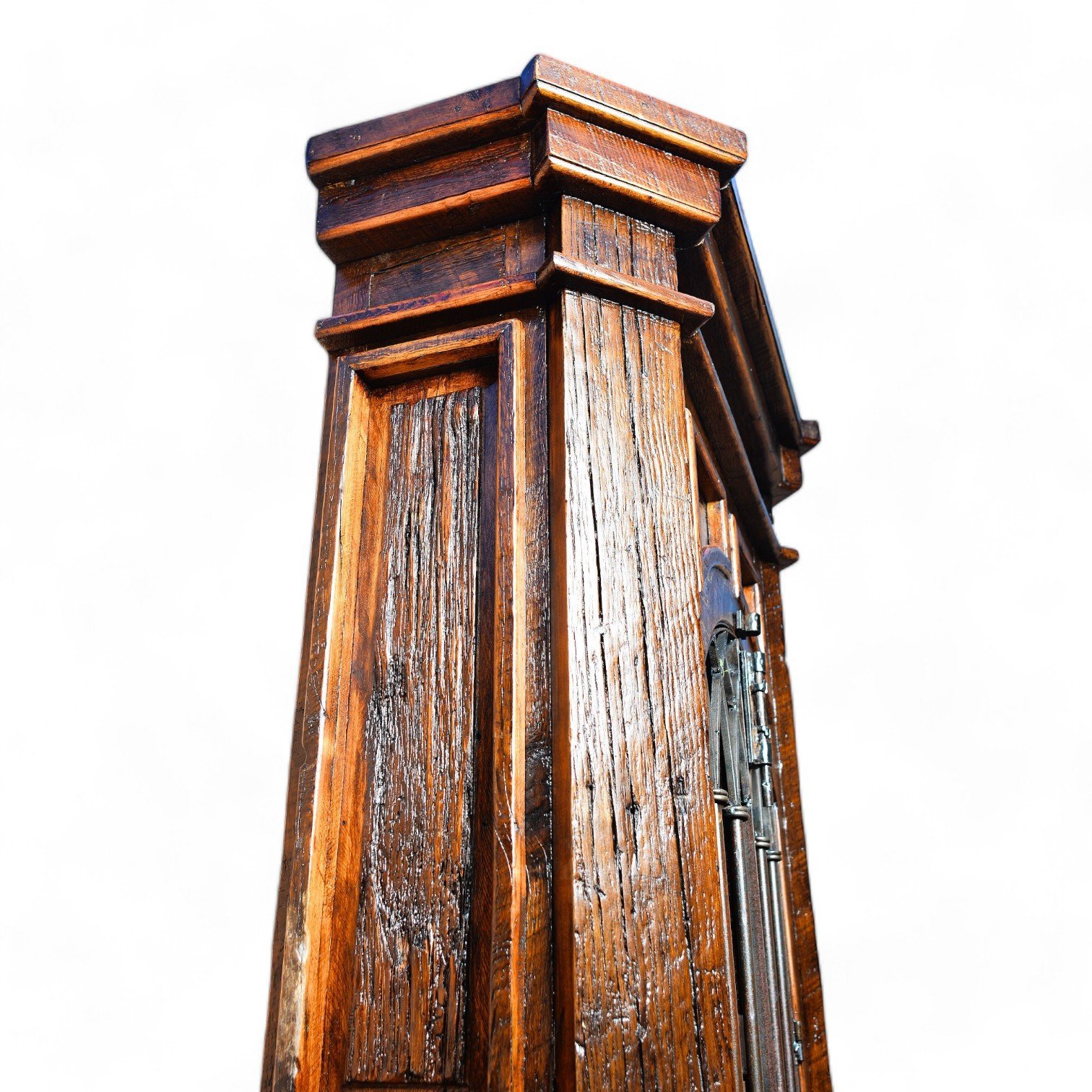 Handmade Armario Gran Frontera armoire crafted in Mexico from reclaimed wood with a decorative wrought iron door.