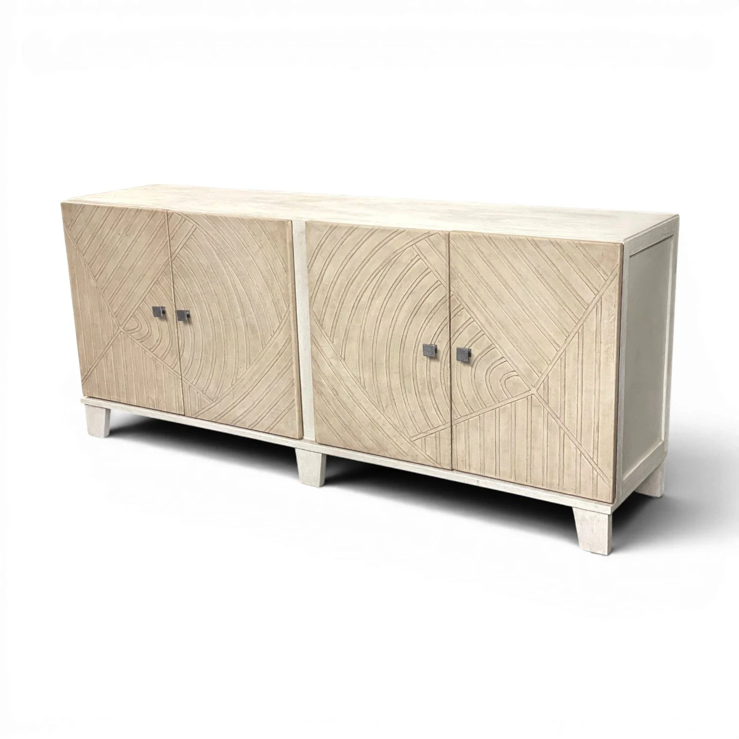 Handmade wood buffet with cream leather doors and carved geometric pattern