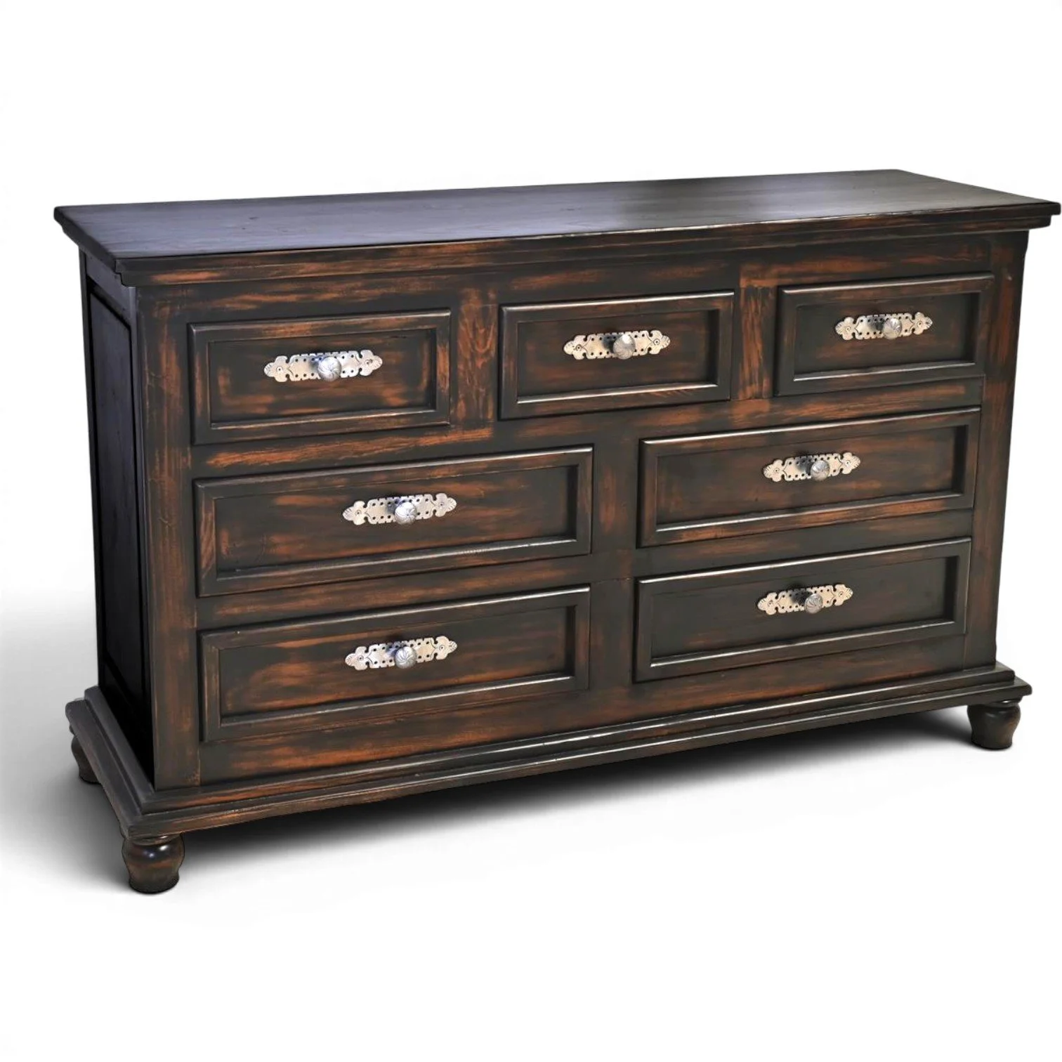 Handmade Mexican Arenas Negras dresser with black washed finish and iron hardware