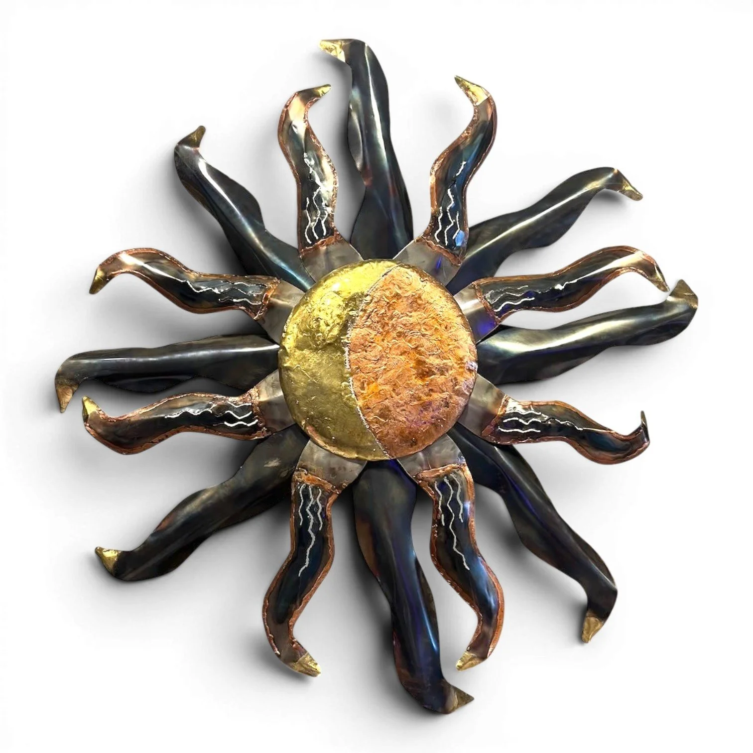 Large handmade Los Cabos Copper Sun wall art crafted in Mexico with radiant copper finish.