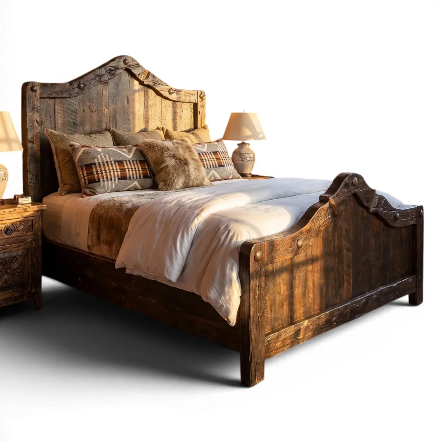 Hacienda Rústica y Elegante handcrafted Mexican reclaimed wood bed with arched headboard, dark stain, and iron clavos