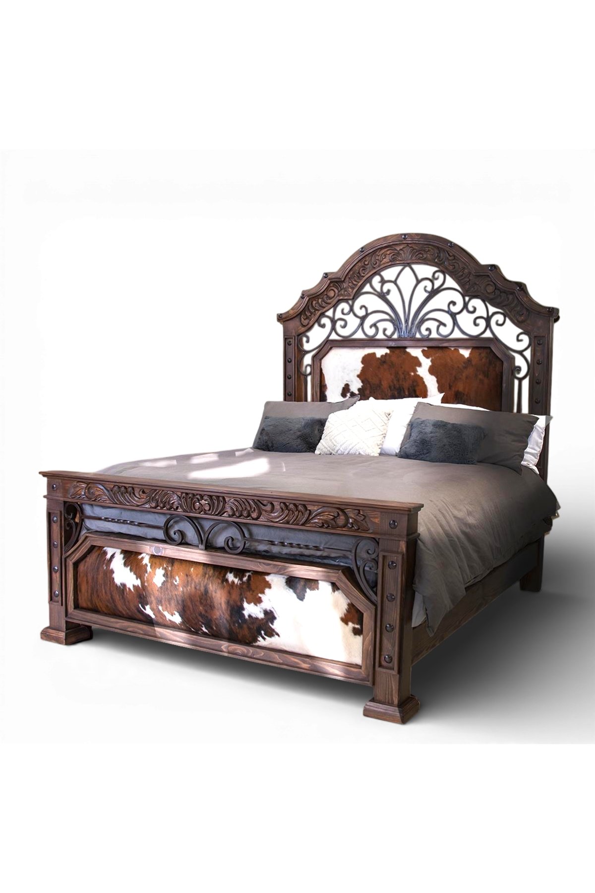 Shop a handmade cowhide and iron bed from Mexico. Rustic hacienda-style bed with carved wood, clavos accents, and premium materials.