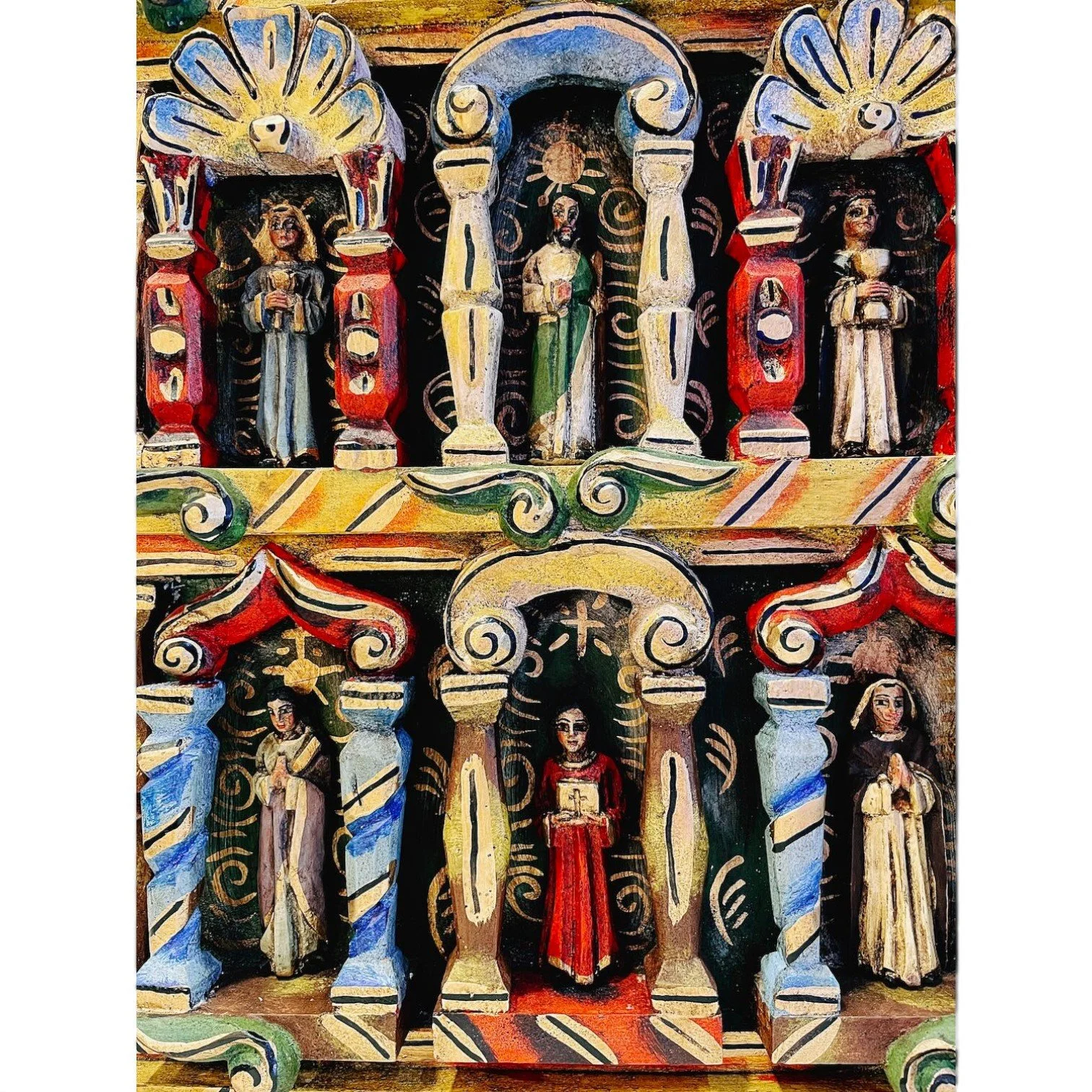 Handmade carved wood retablo wall art in bold red, three-level design