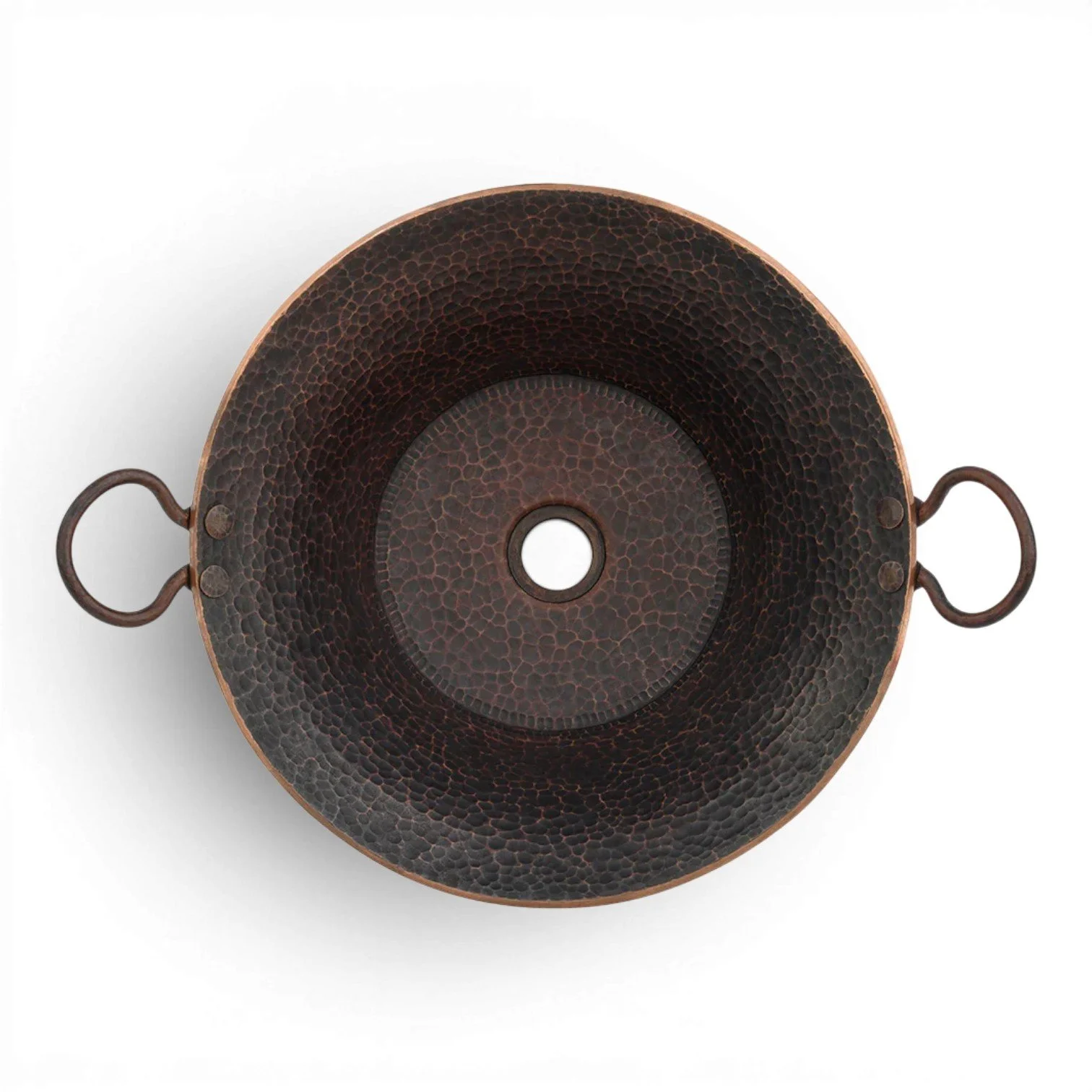 Hacienda Old World hand forged miner's pan hammered copper vessel sink with decorative handles and oil rubbed bronze finish.