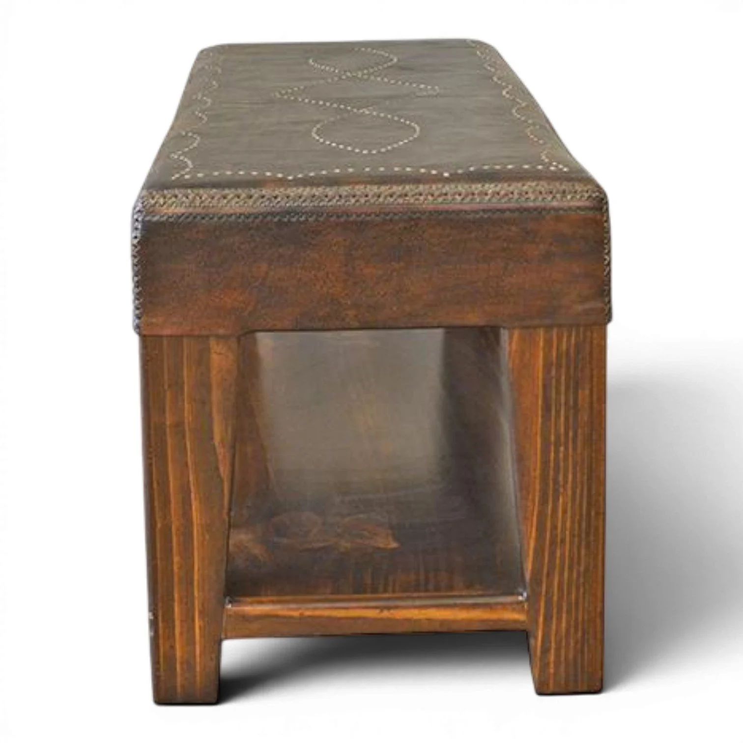 Handmade Mexican stitched leather bench with solid wood frame
