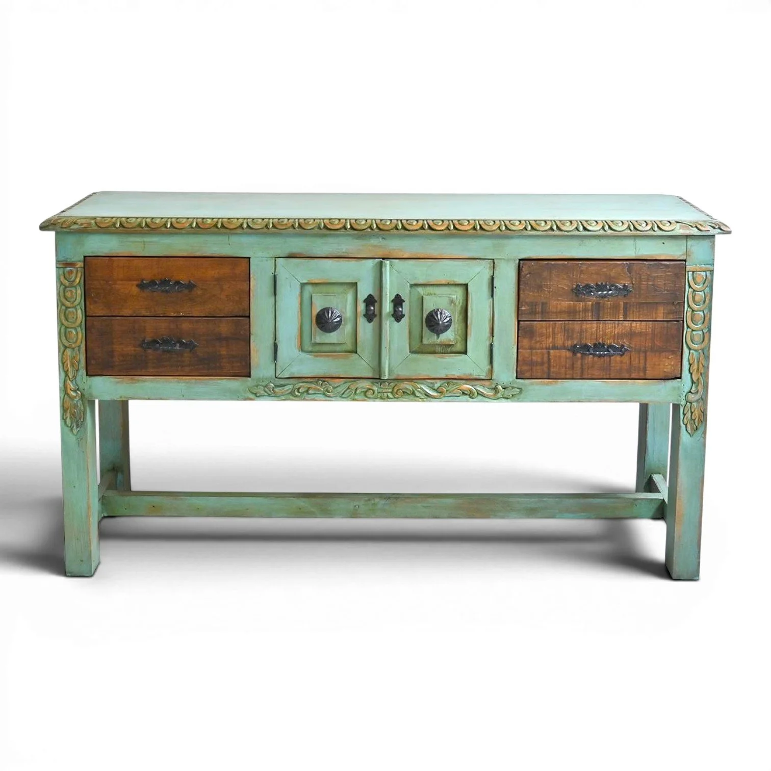 Handmade El Lobo turquoise sofa table with distressed finish, carved details, and iron hardware crafted in Mexico.