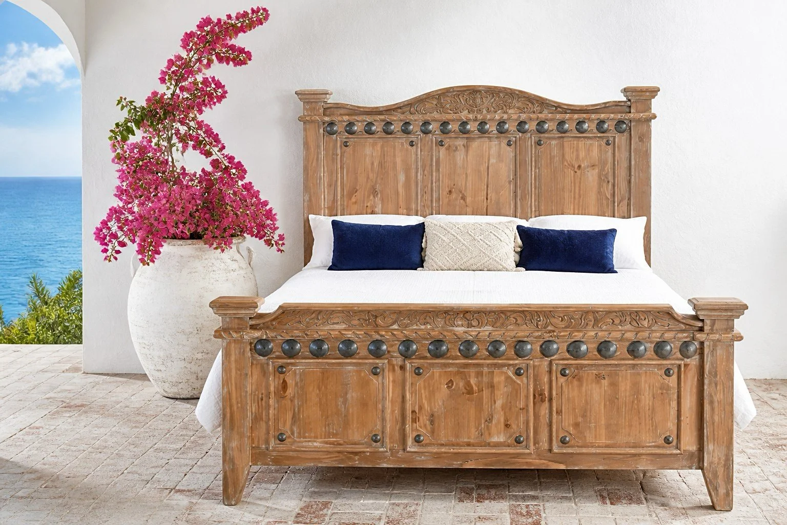Handmade Arenas Blancas solid wood bed crafted in Mexico with timeless coastal-inspired design.