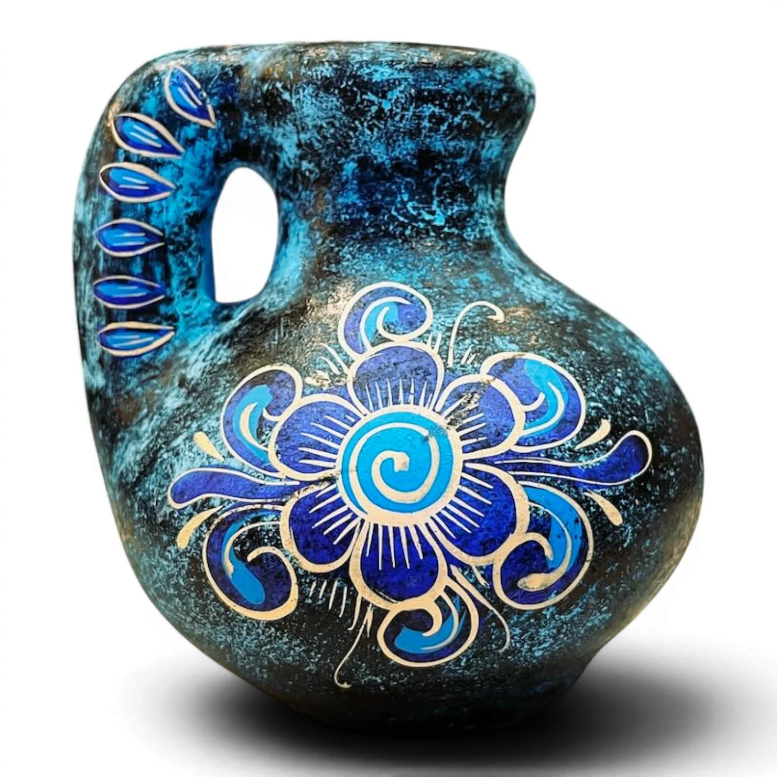 Handmade Mexican Jarra Azul clay vase with distressed blue finish and hand-painted floral design