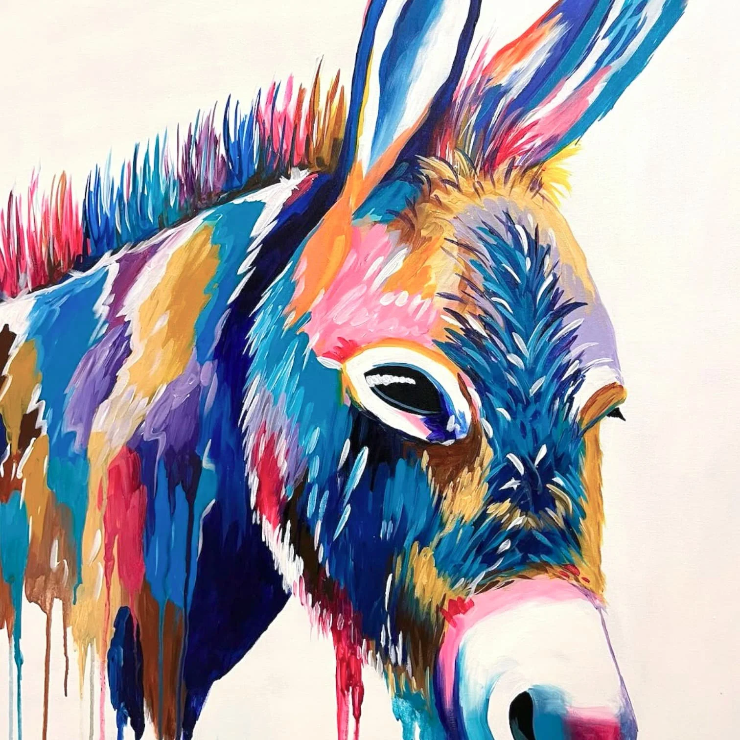 Hand-painted Mexican donkey canvas artwork with colorful dripping paint design