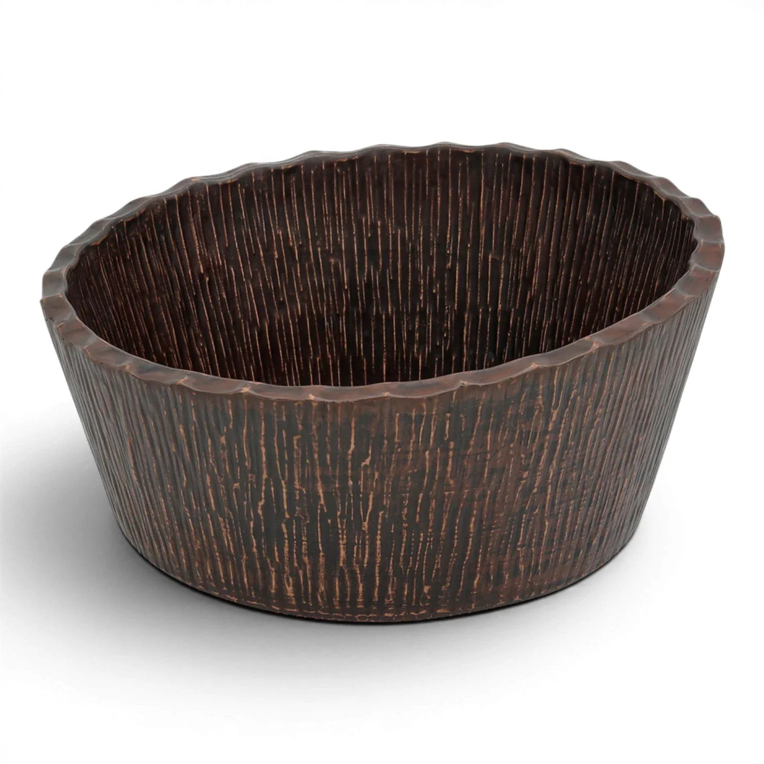 Hacienda Old World 14.5-inch Forest hammered copper vessel sink with tree bark texture and oil rubbed bronze finish.