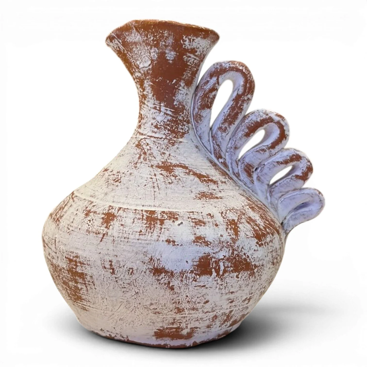 Handmade Mexican Jarra Blanca clay vase with distressed whitewashed finish, ribbon handle, and genie-style design