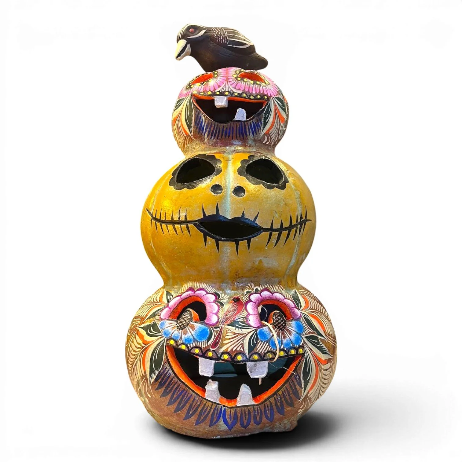Handmade Mexican triple stacked clay jack-o’-lantern with movable black crow