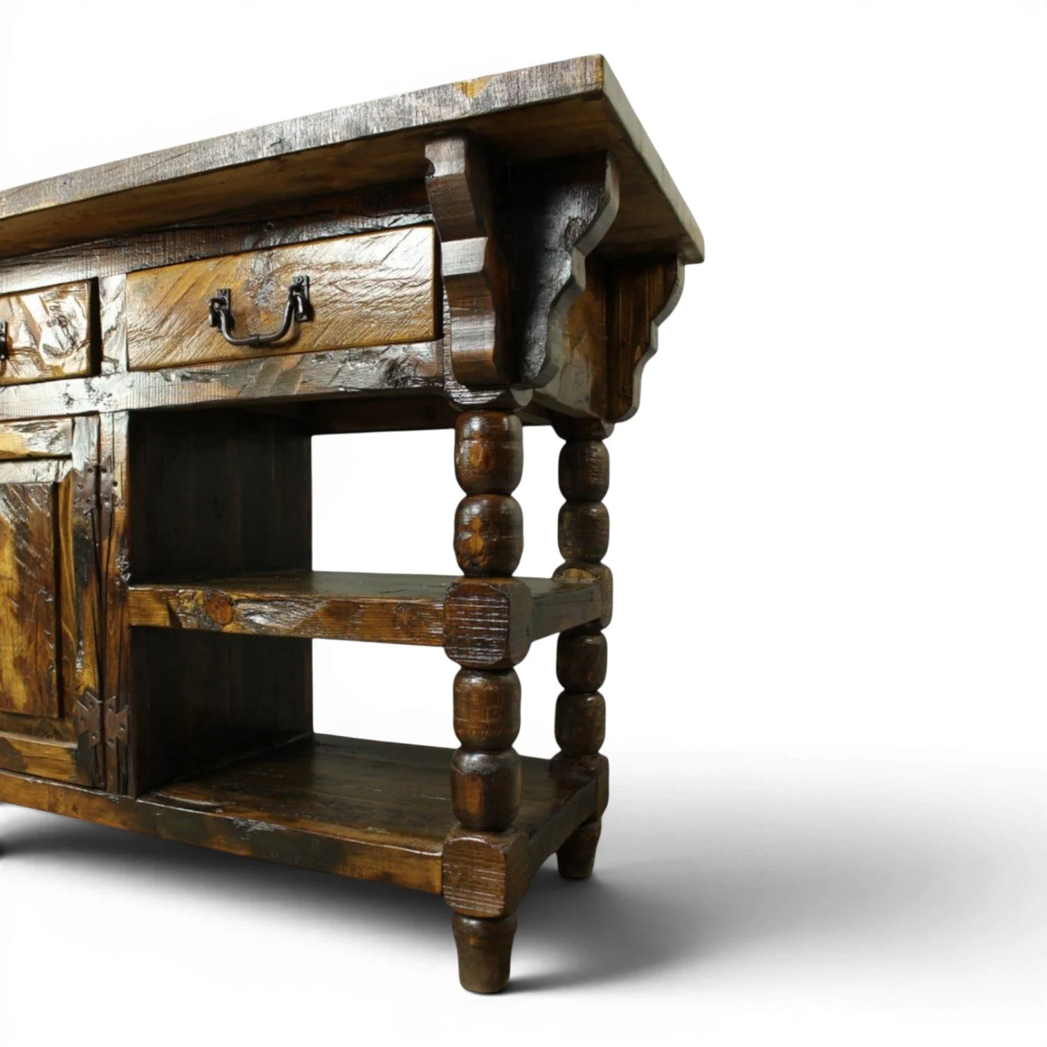 Handmade Mexican reclaimed wood kitchen island with turned legs and hacienda design