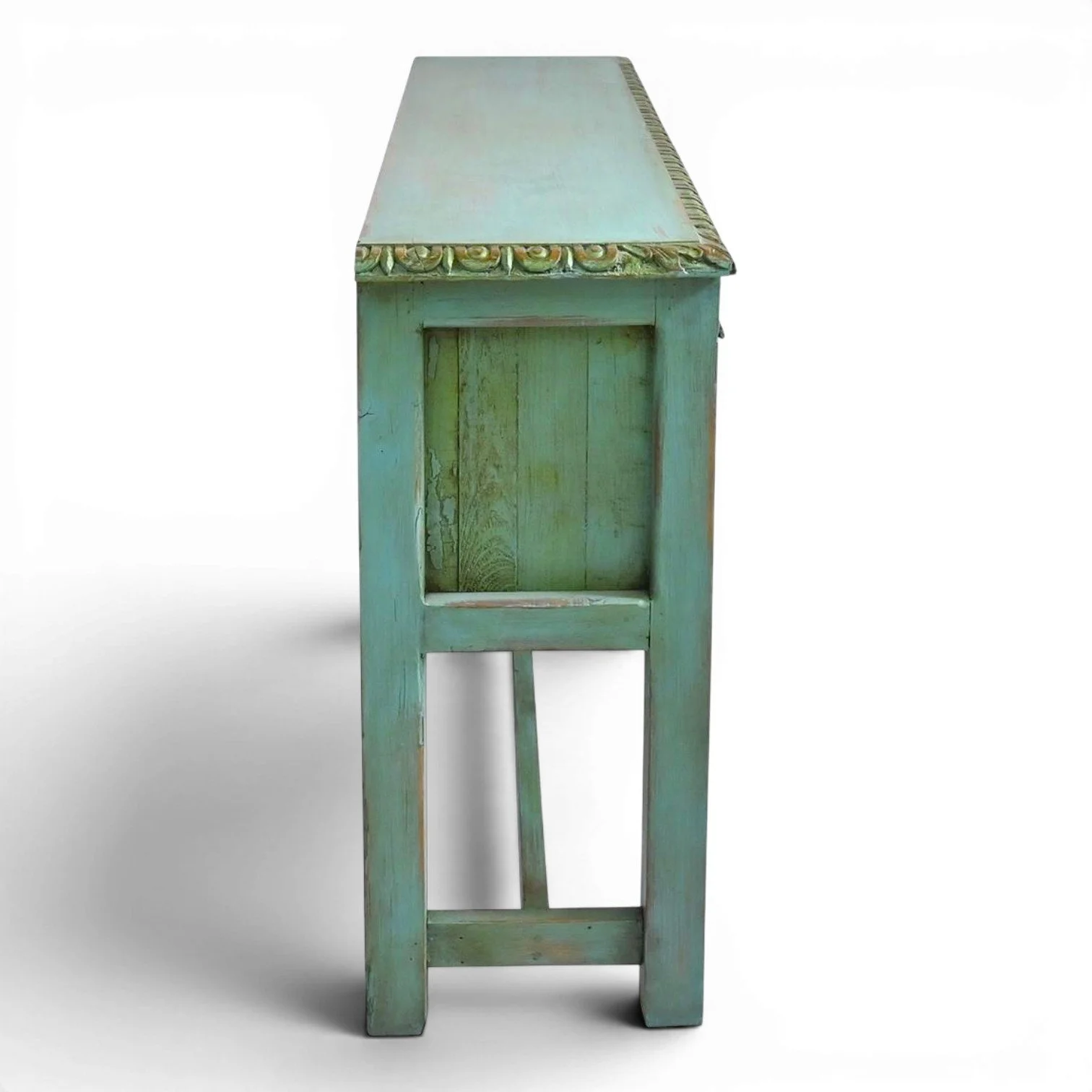 Handmade El Lobo turquoise sofa table with distressed finish, carved details, and iron hardware crafted in Mexico.