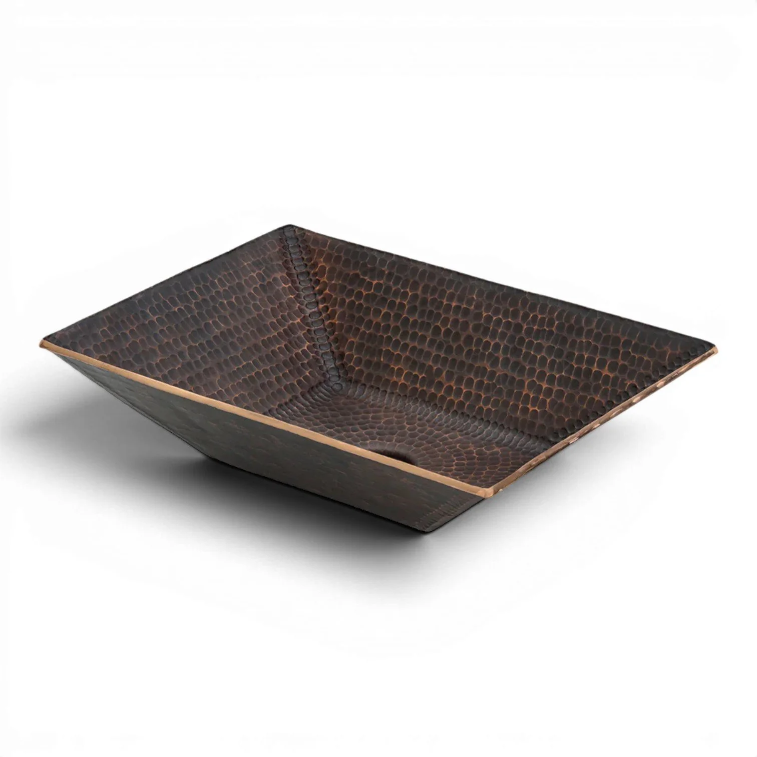 Hacienda Old World 17-inch modern rectangular hand forged hammered copper vessel sink with oil rubbed bronze patina.