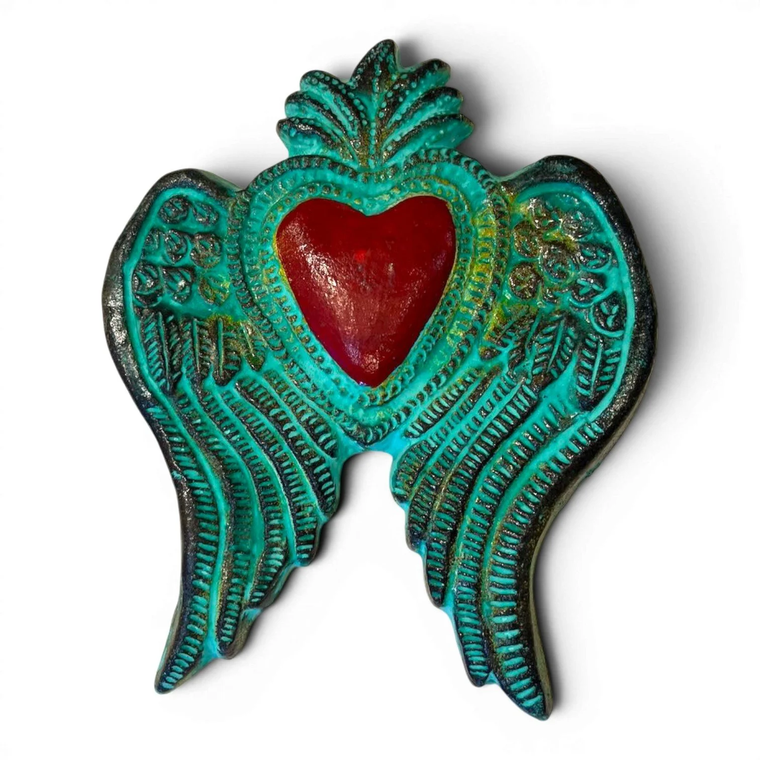Turquoise Clay Heart with Wings | Handmade Mexican Sacred Heart Wall Art