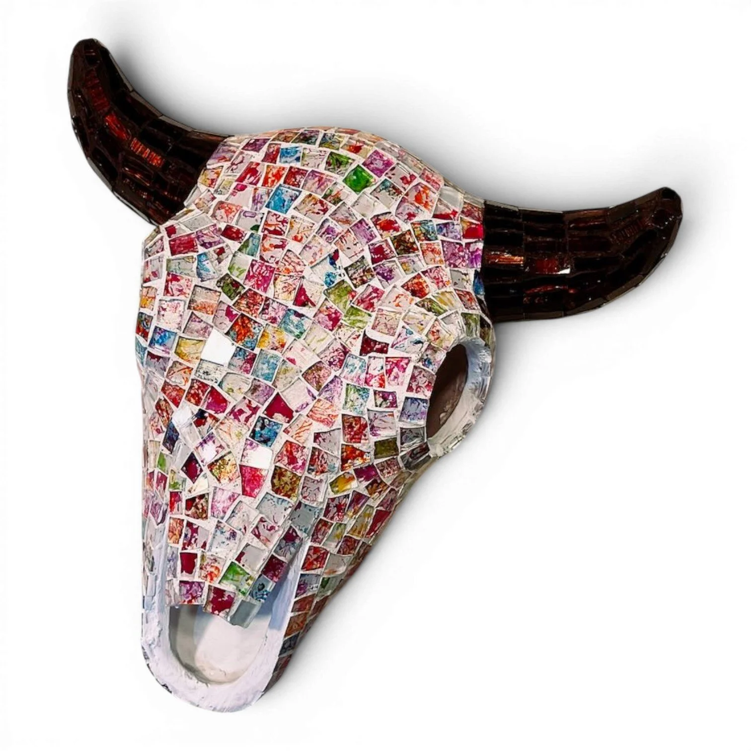Handmade Mexican small mosaic cow skull with hand-formed clay and colorful glass tiles