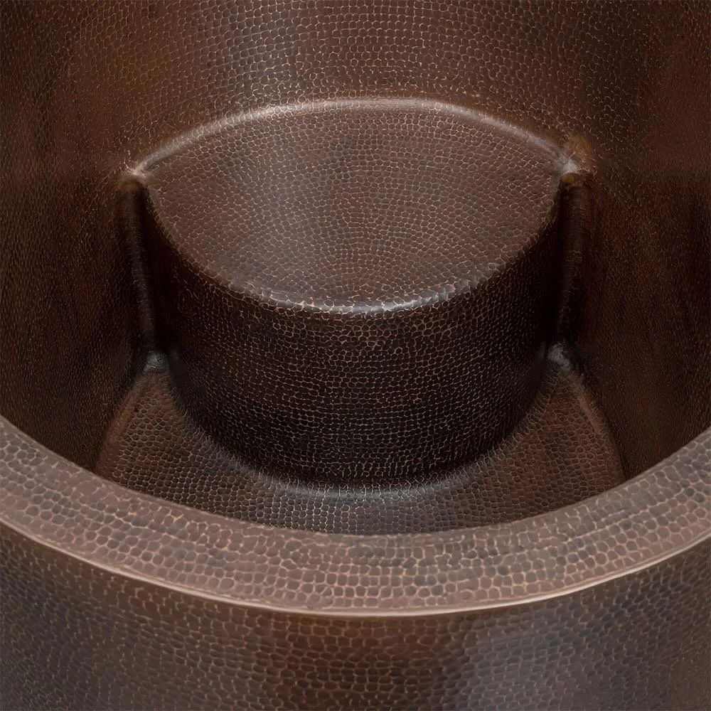 Handmade Hacienda 48-inch hammered copper oval Japanese soaking tub with built-in copper seat and oil rubbed bronze finish.