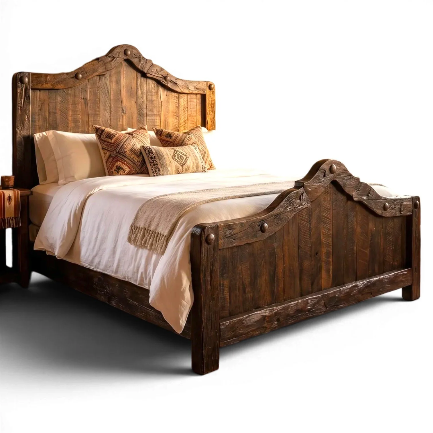 Hacienda Rústica y Elegante handcrafted Mexican reclaimed wood bed with arched headboard, dark stain, and iron clavos