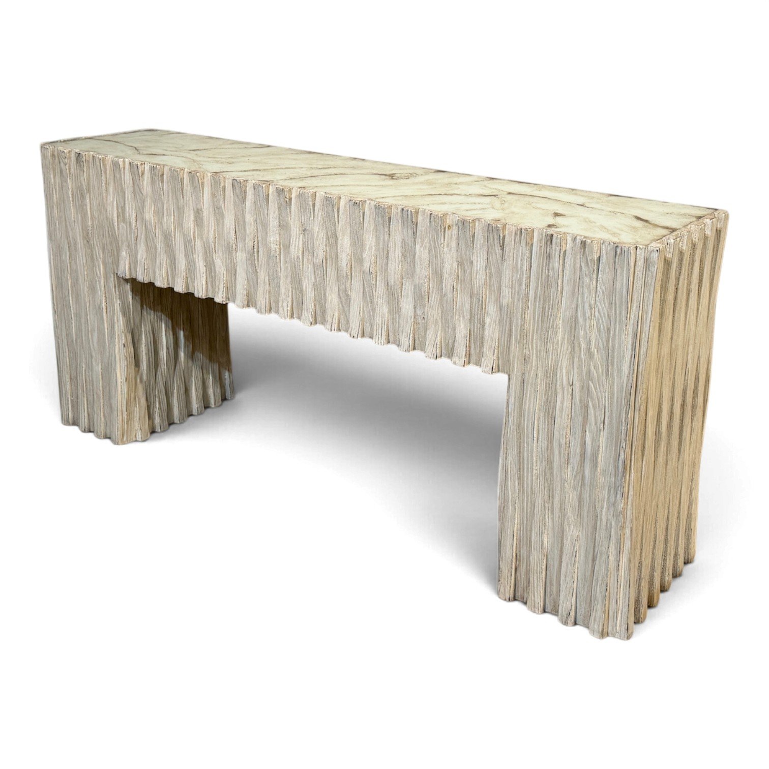 Handmade console table with marble-look reverse-painted glass top and carved wood base