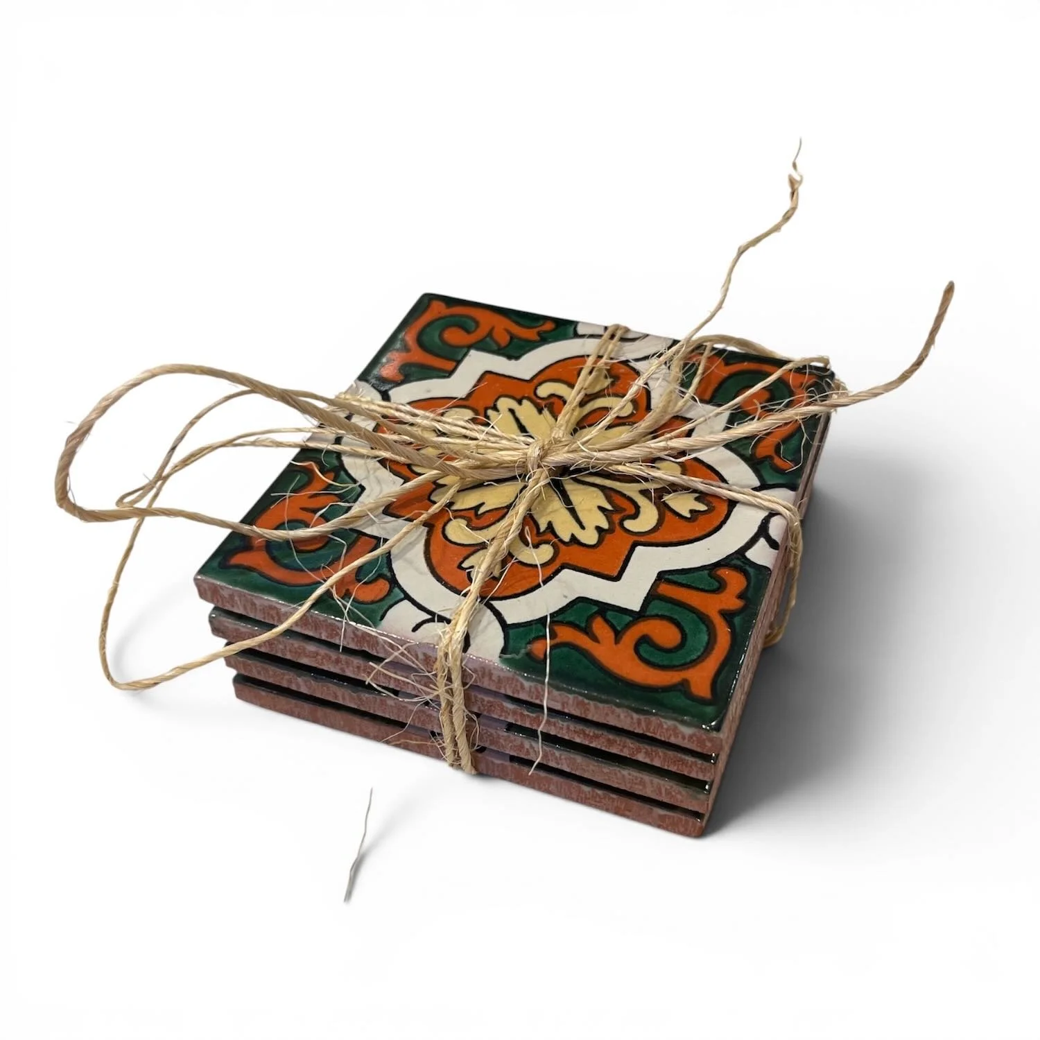 Handmade Talavera tile coaster set from Mexico featuring four colorful ceramic coasters with protective rubber bumpers.