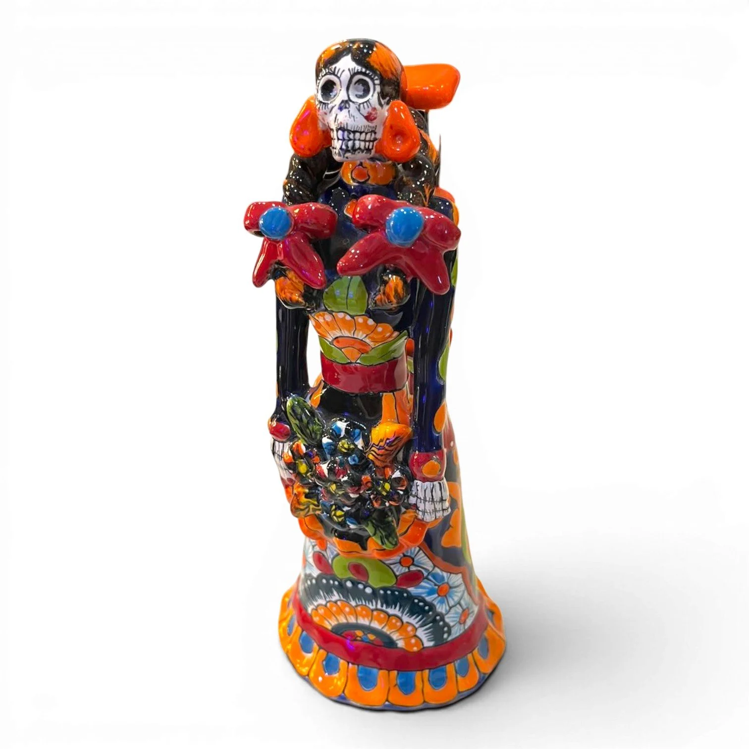 Handmade Mexican Catrina folk art doll with floral dress and birdcage holding two birds