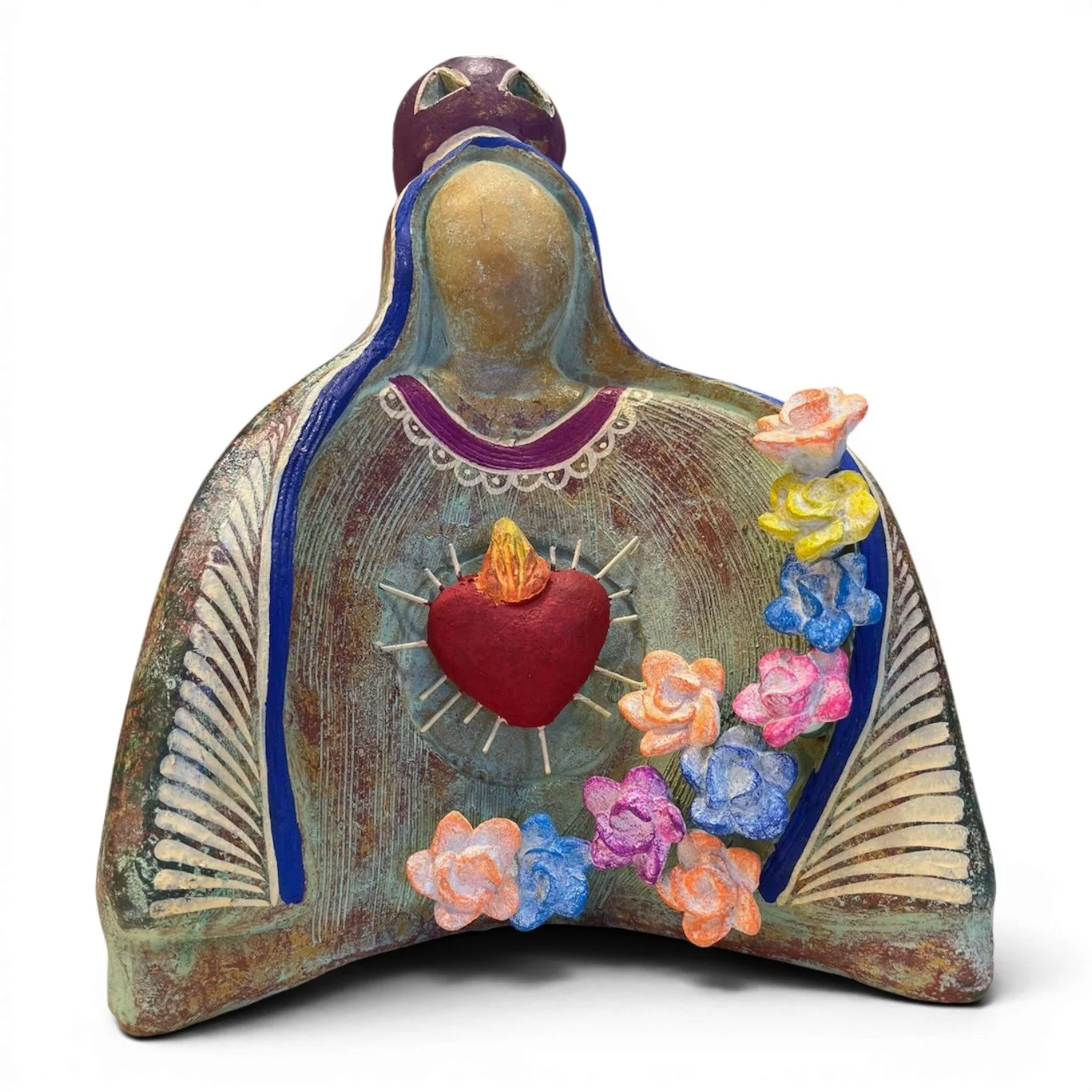 Handmade Mexican clay sculpture of the Virgin Mary with Sacred Heart and flowers
