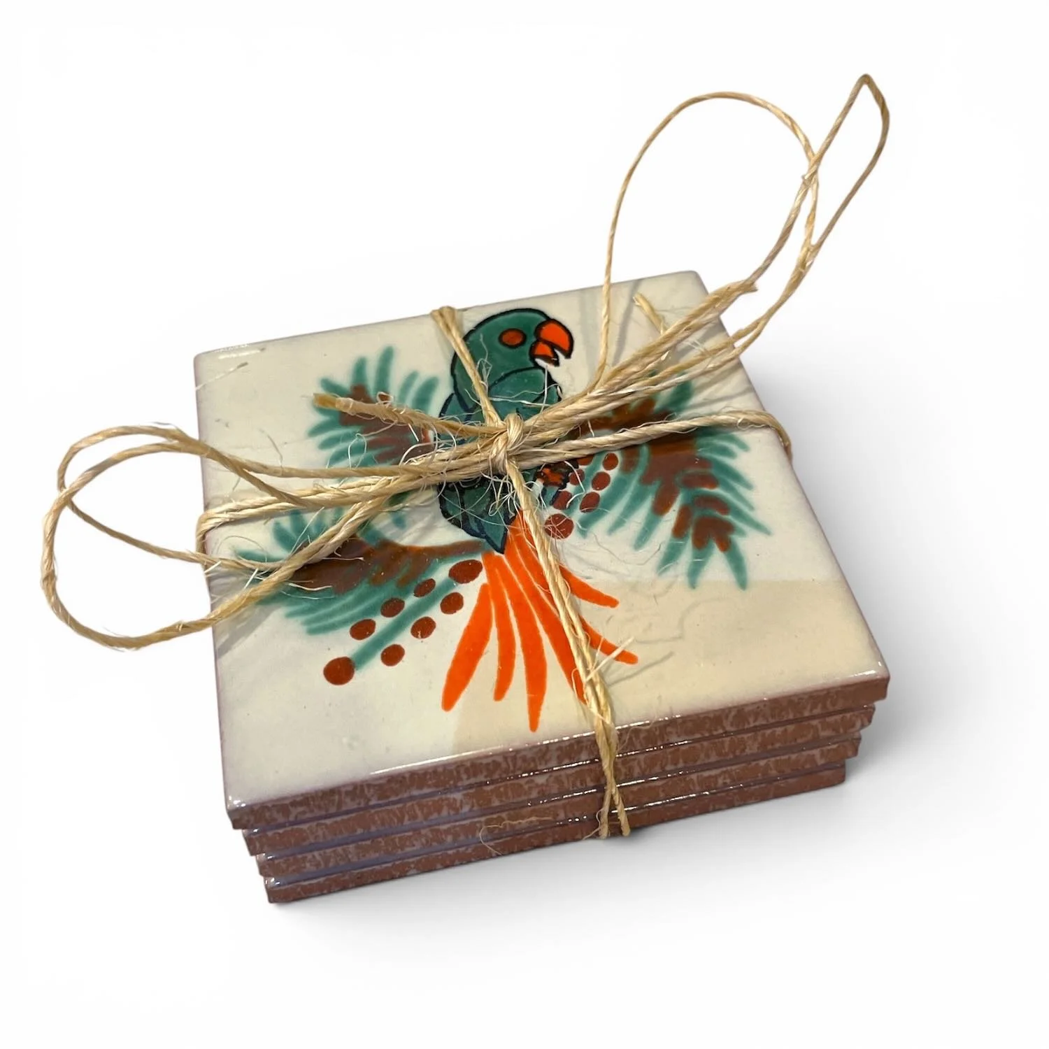 Handmade Talavera tile coaster set from Mexico featuring four colorful ceramic coasters with protective rubber bumpers.