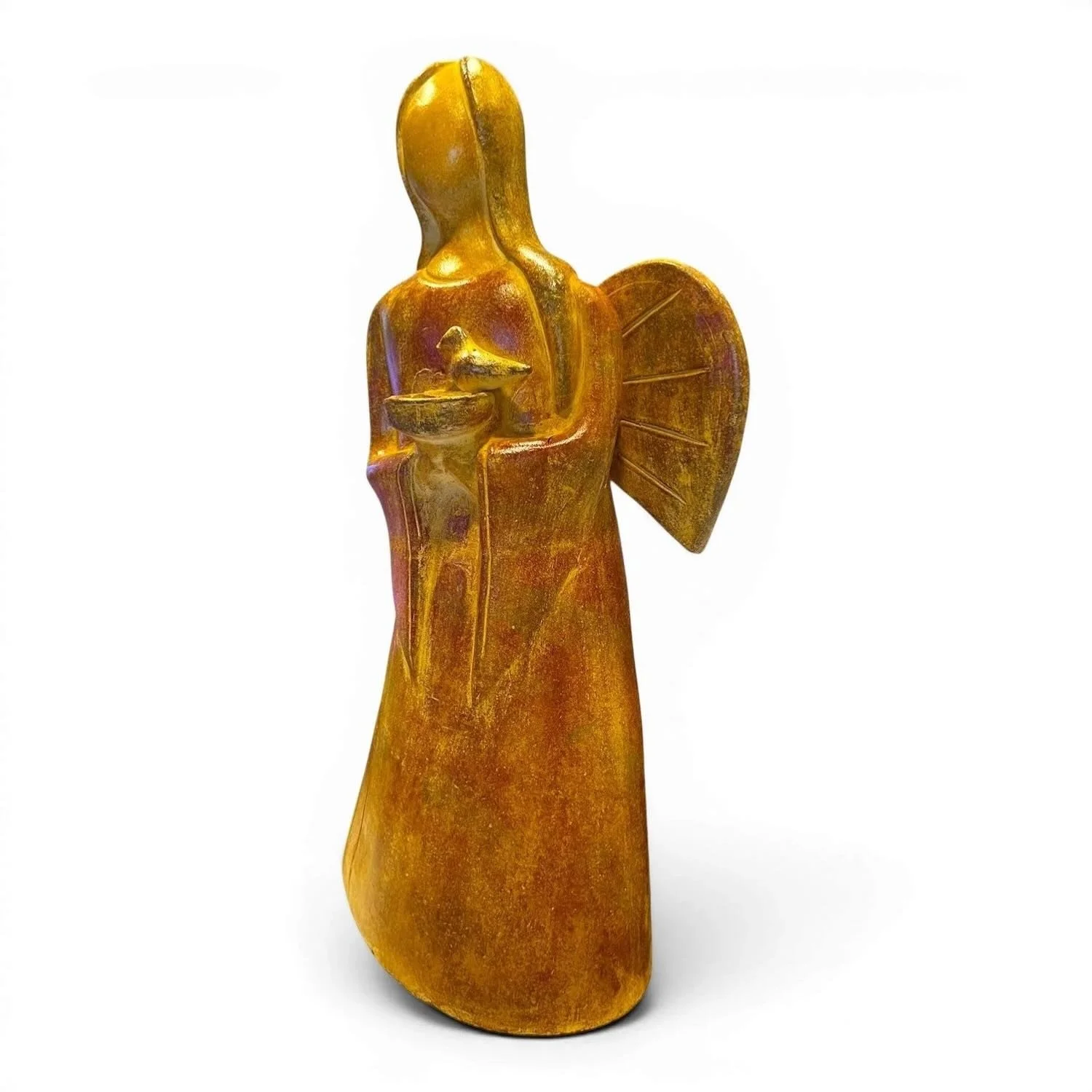 Handmade Mexican terracotta angel sculpture featuring a dove, symbolizing peace and artisan craftsmanship.