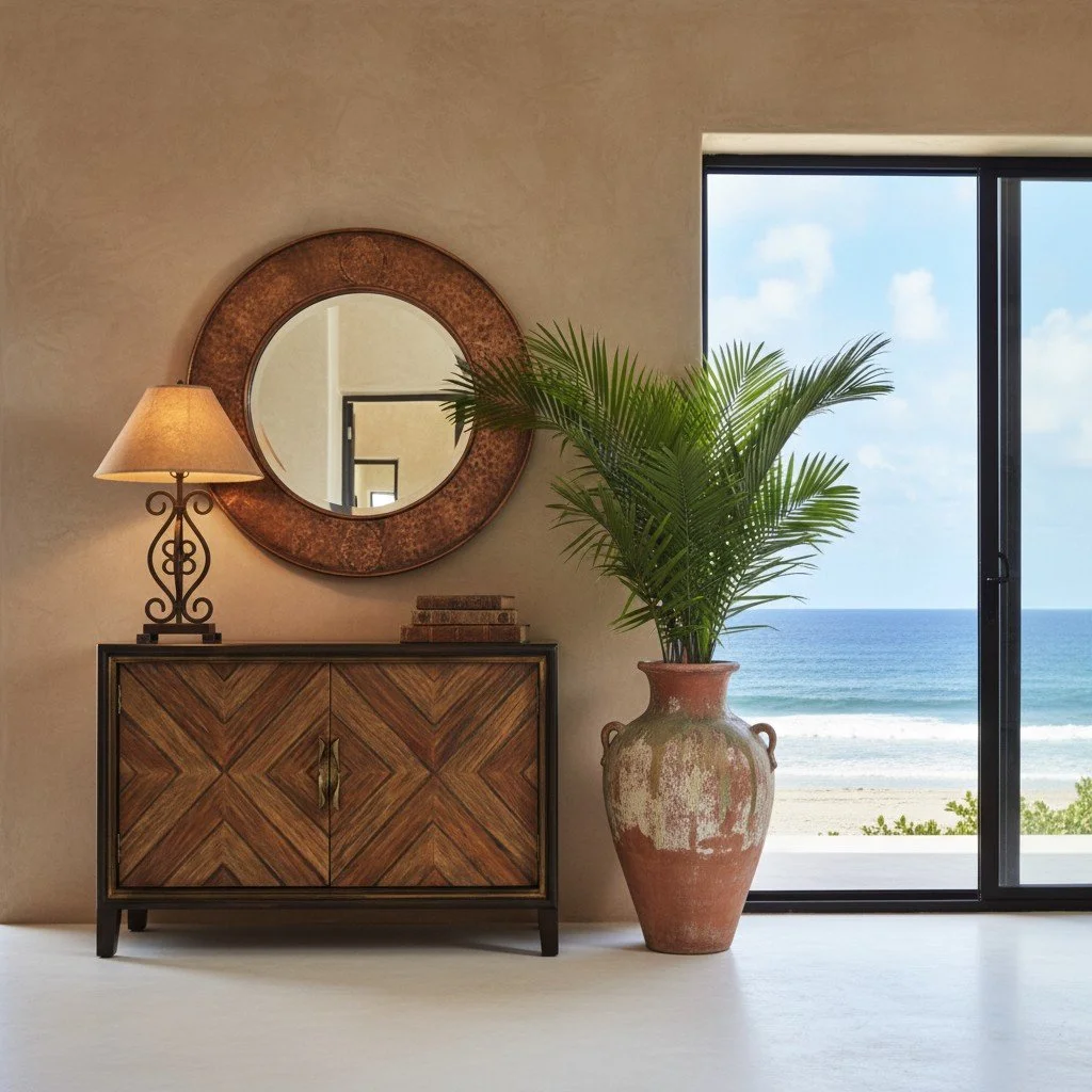 Handmade Peruvian Triana Buffet Chest with black finish, brown geometric doors, and metal handles