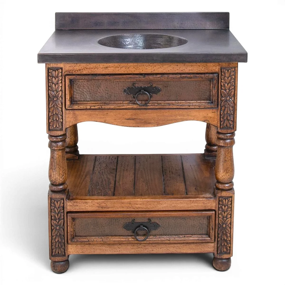 Handmade La Esperanza vanity with black copper sink, carved wood details, iron hardware, drawers, and open shelf storage.