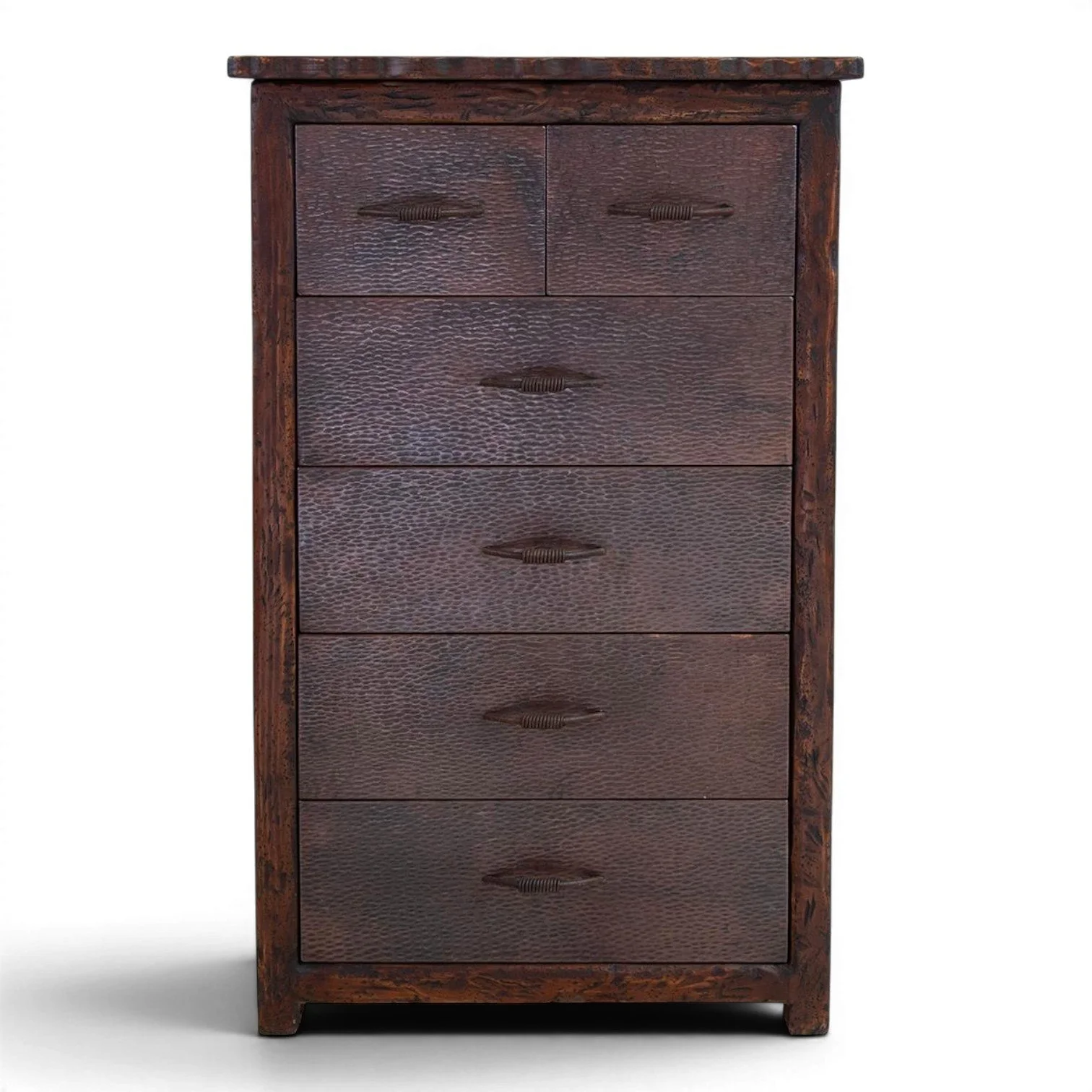 Handmade Cheyenne Cobre Live Edge chest with hand-hammered copper live edge top, reclaimed wood frame, and six drawers crafted in Mexico.