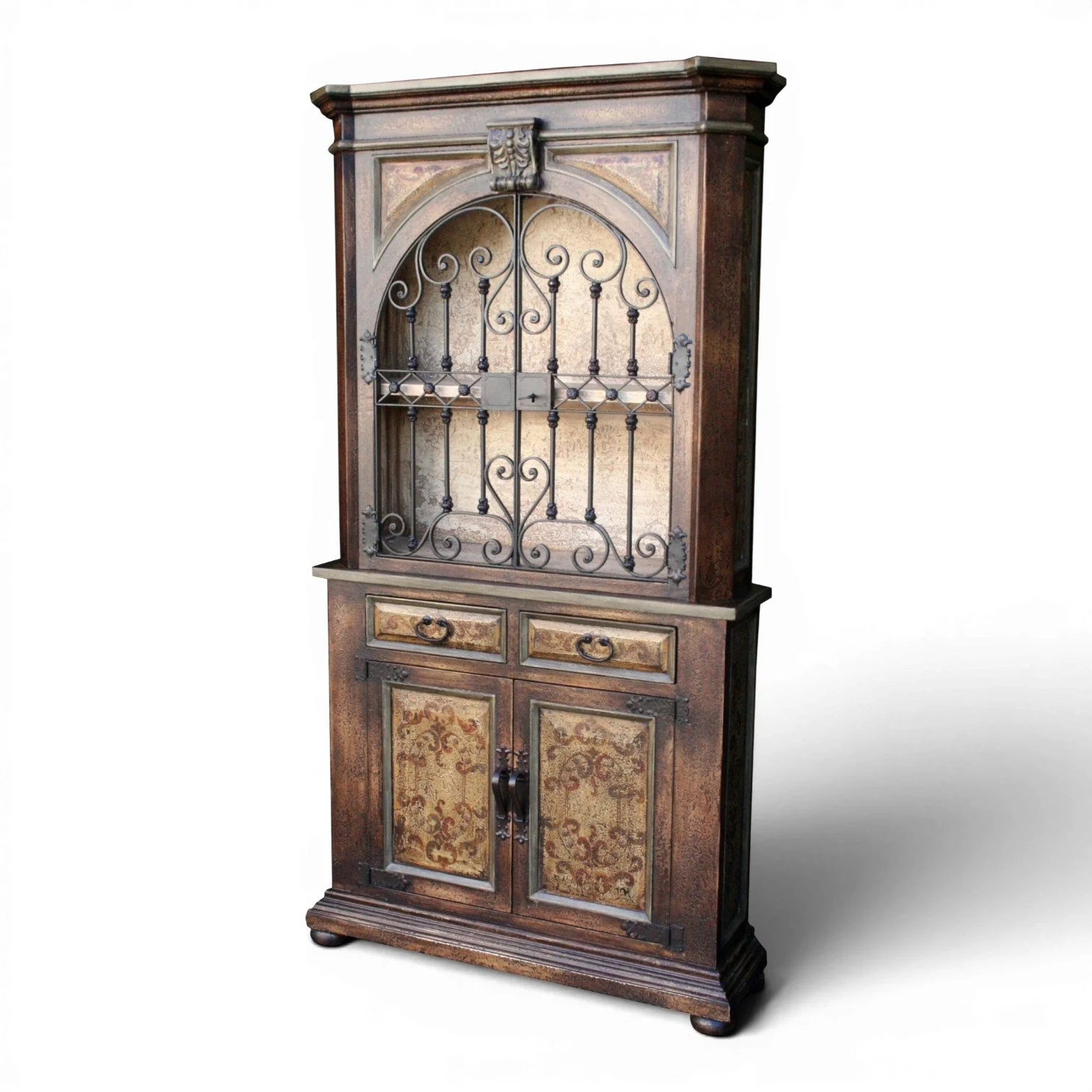 Nazca Peruvian armoire with hand-forged wrought iron doors, hand-painted Tuscan-style design in green and ochre tones, and antique finish.