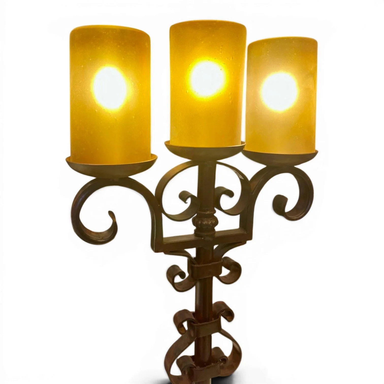 Handmade Mexican wrought iron scroll candelabra lamp with handblown amber glass shades
