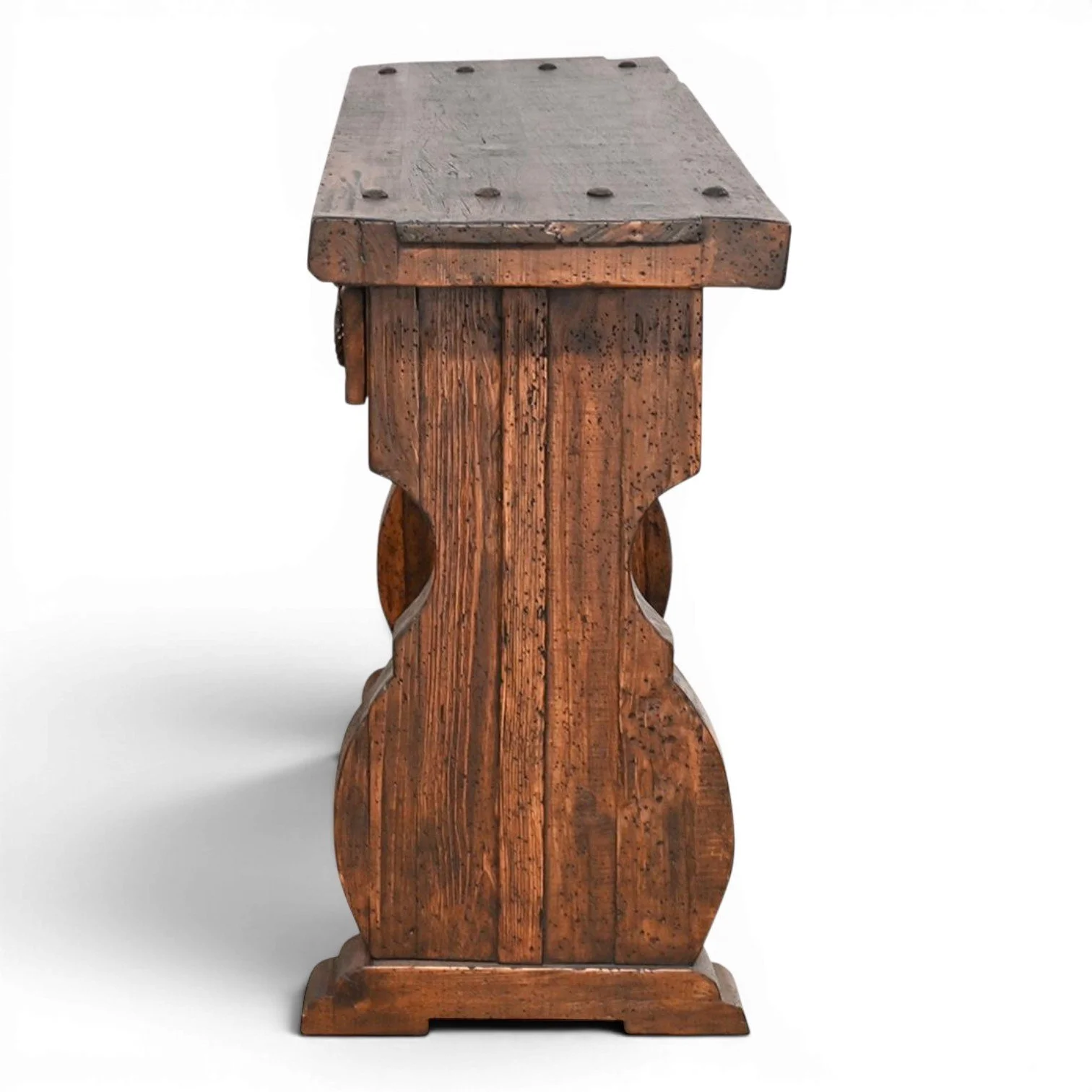 Handmade Sedona rustic Western sofa table with hand-carved details, clavos accents, two drawers, iron hardware, and open shelf.
