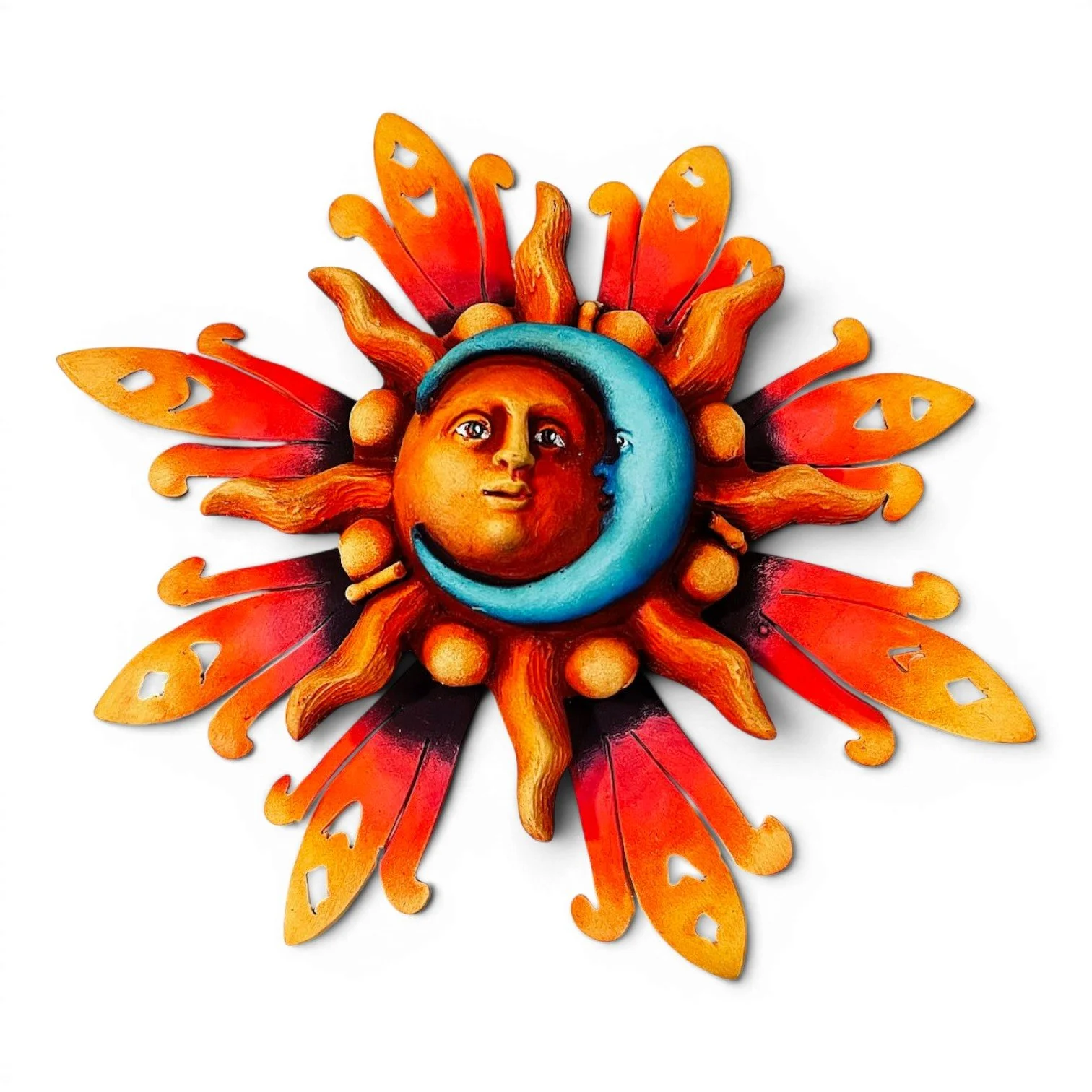 Handmade Mexican Mini Sol y Luna Vibrante wall art with colorful sun and moon design and metal rays