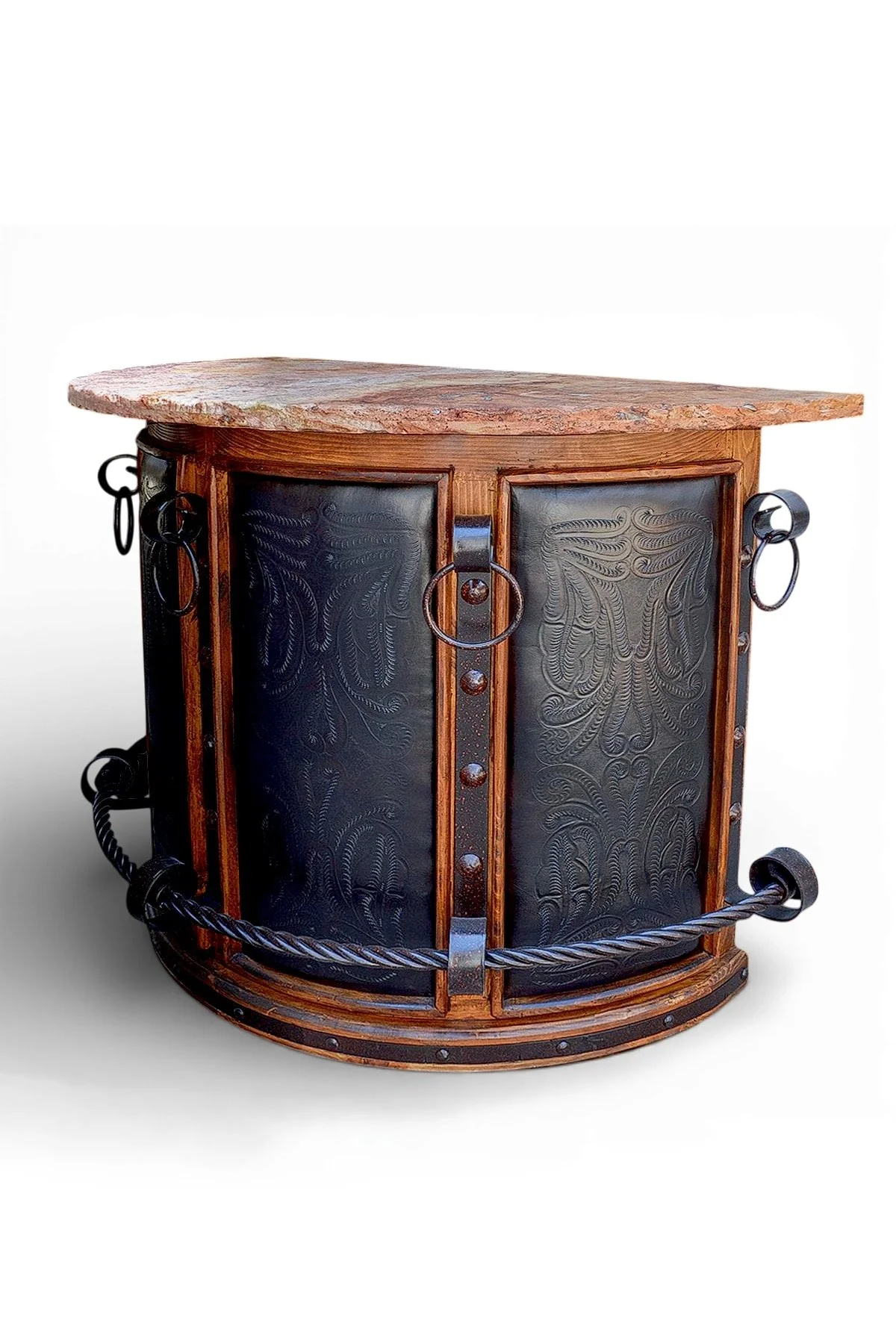 Shop a handmade stone top bar with tooled leather panel from Mexico. Rustic wood bar with storage and iron accents for elegant entertaining.
