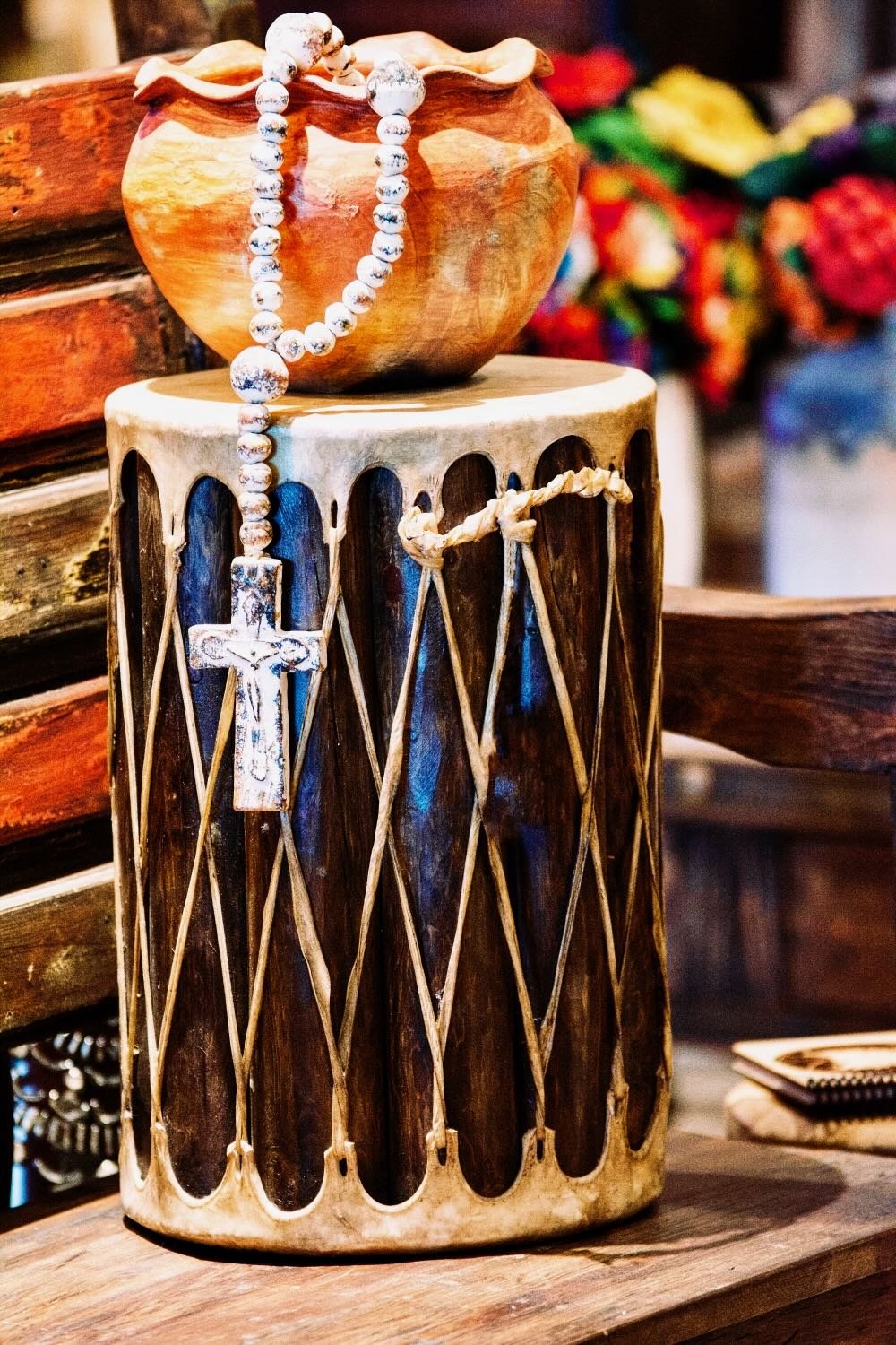 Handmade drum end table from Mexico.
