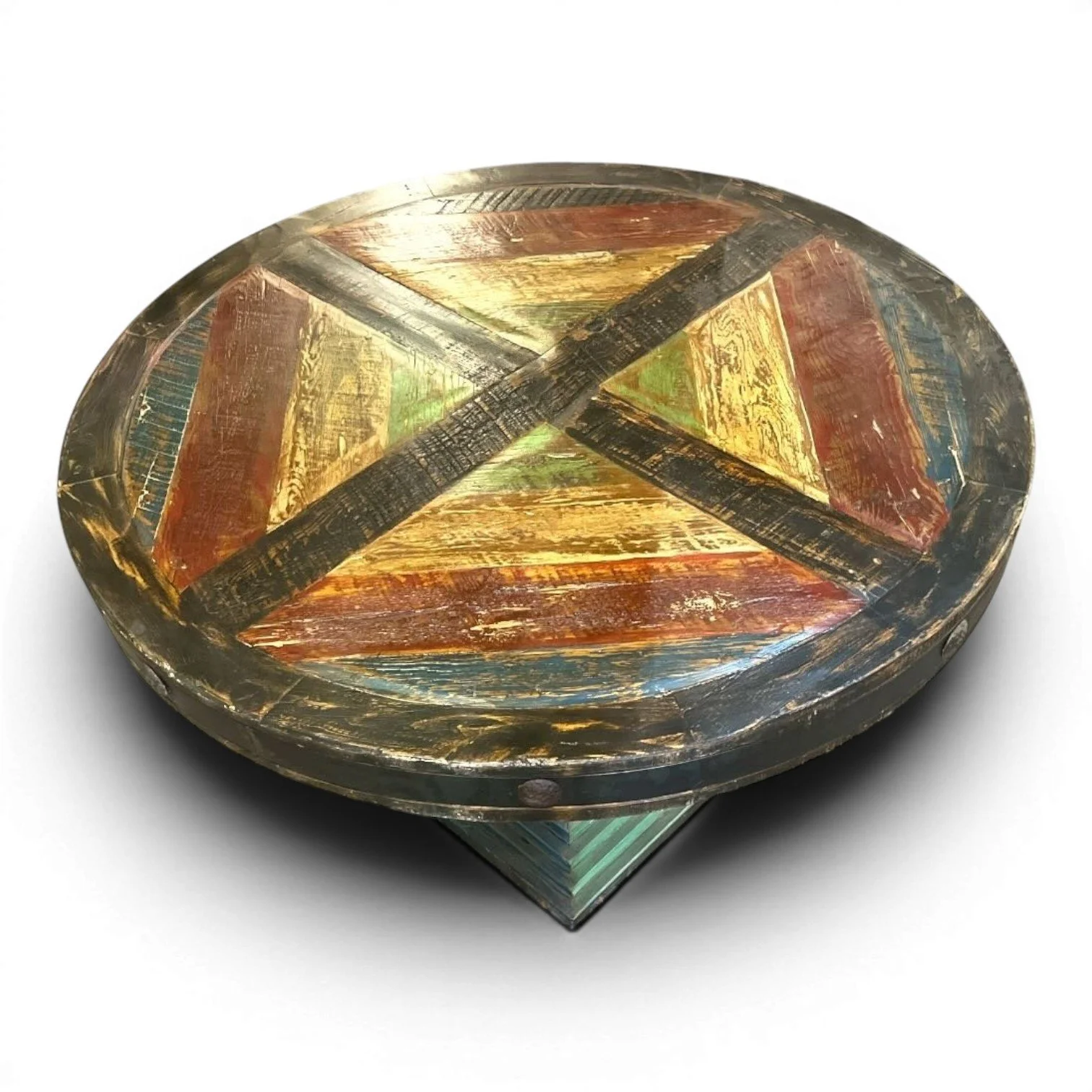 Handmade Mexican round reclaimed wood dining table with hand-painted top, iron trim, and clavos
