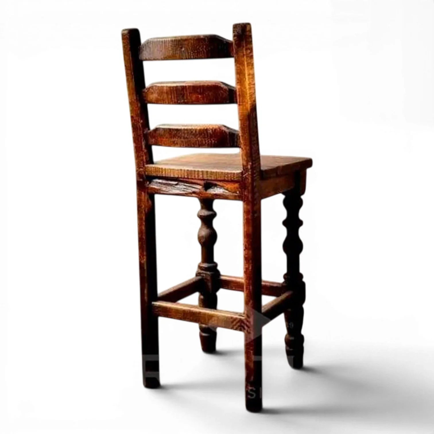 Handmade Mexican Silla Antigua de Mezquital bar stool with ladder back, turned legs, and dark stained finish