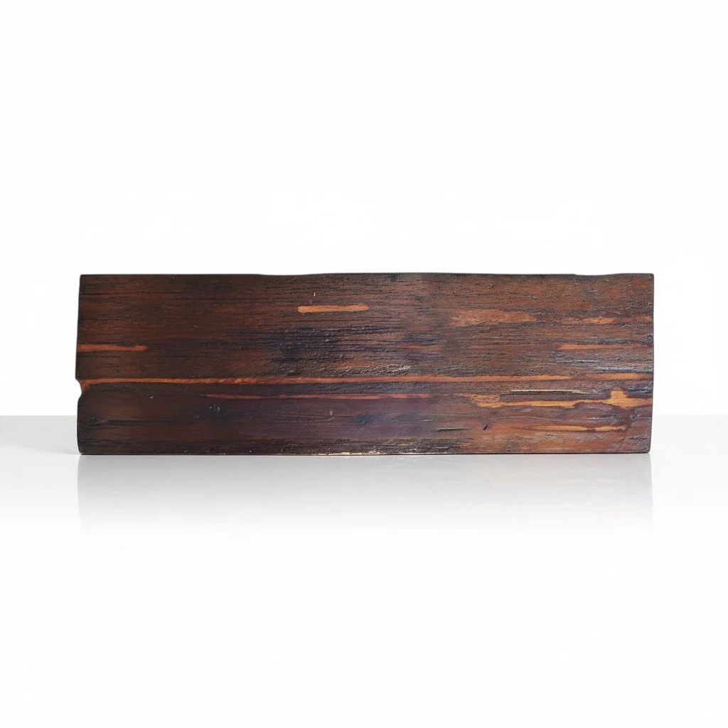 Handmade Guaymas dining table with distressed dark wood top and hand-pounded natural copper pedestal base crafted in Mexico.