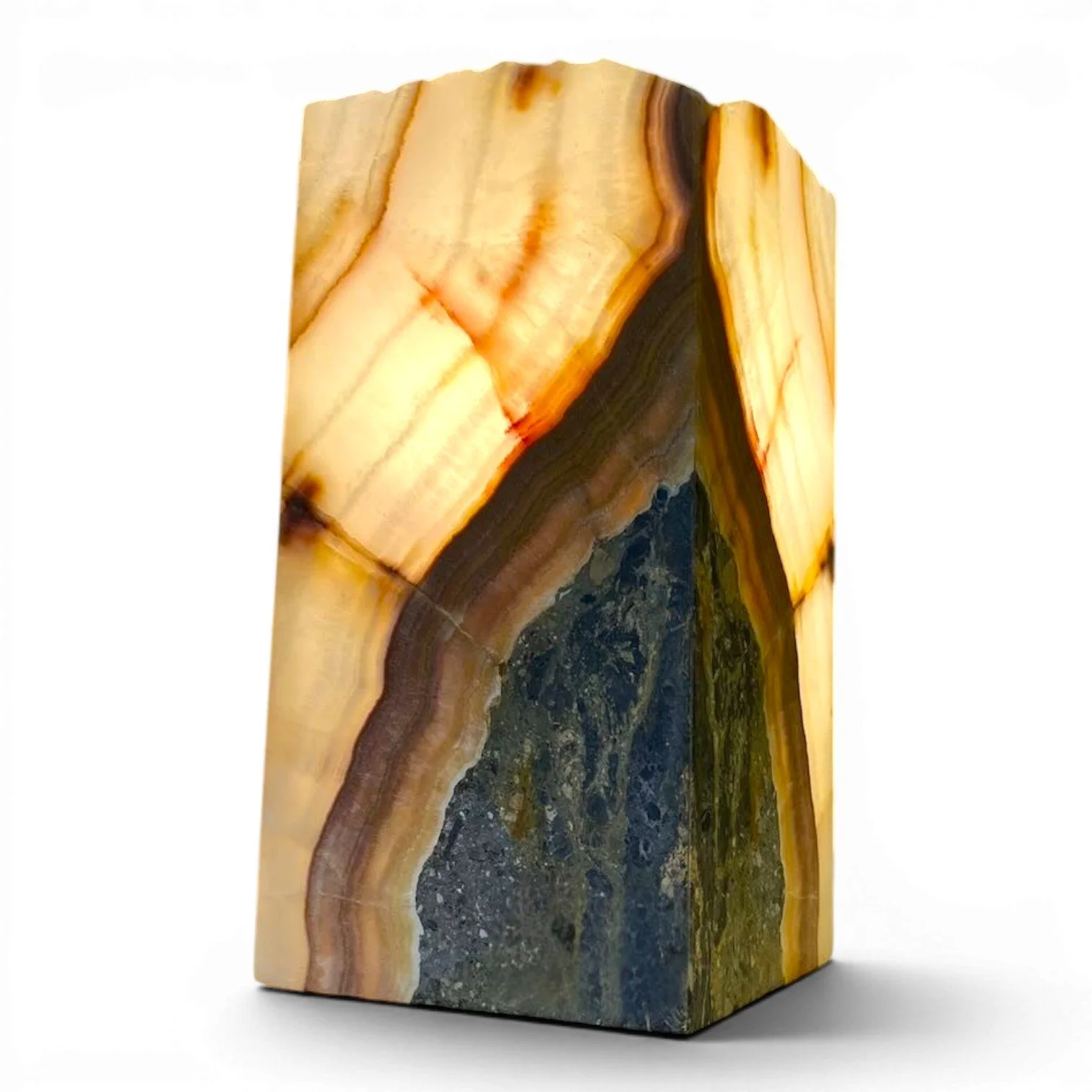 Handmade Mexican scalloped square onyx lamp with warm glowing stone and coastal luxury design