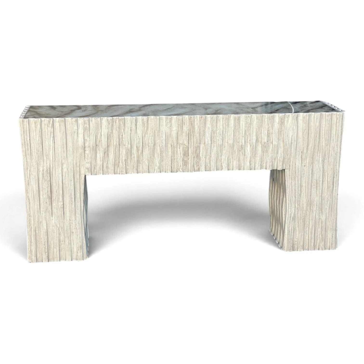 Handmade console table with marble-look reverse-painted glass top and carved wood base