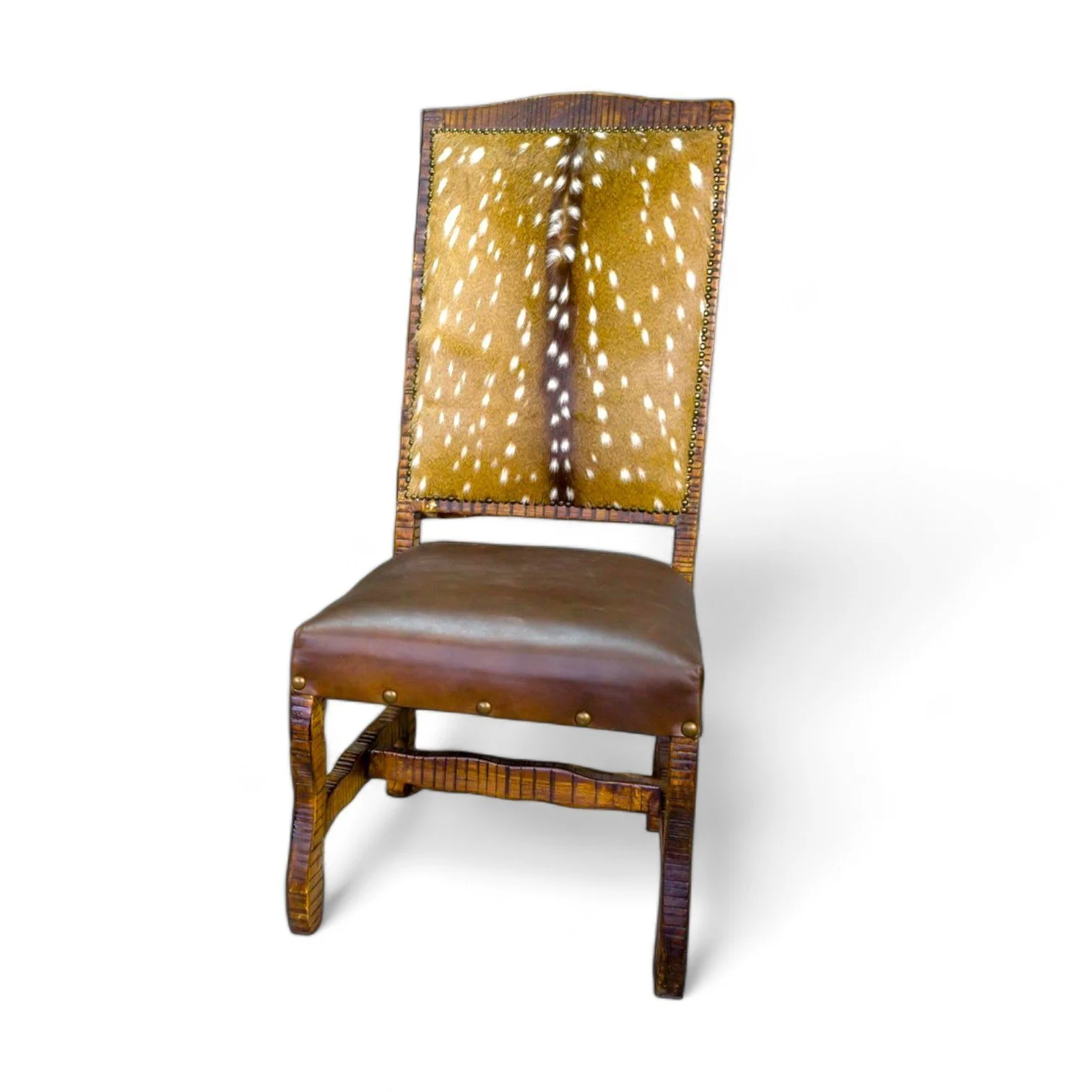 Handmade Austin Dining Chair crafted in Mexico with reclaimed wood, Axis Deer leather, and Sierra Chestnut leather.