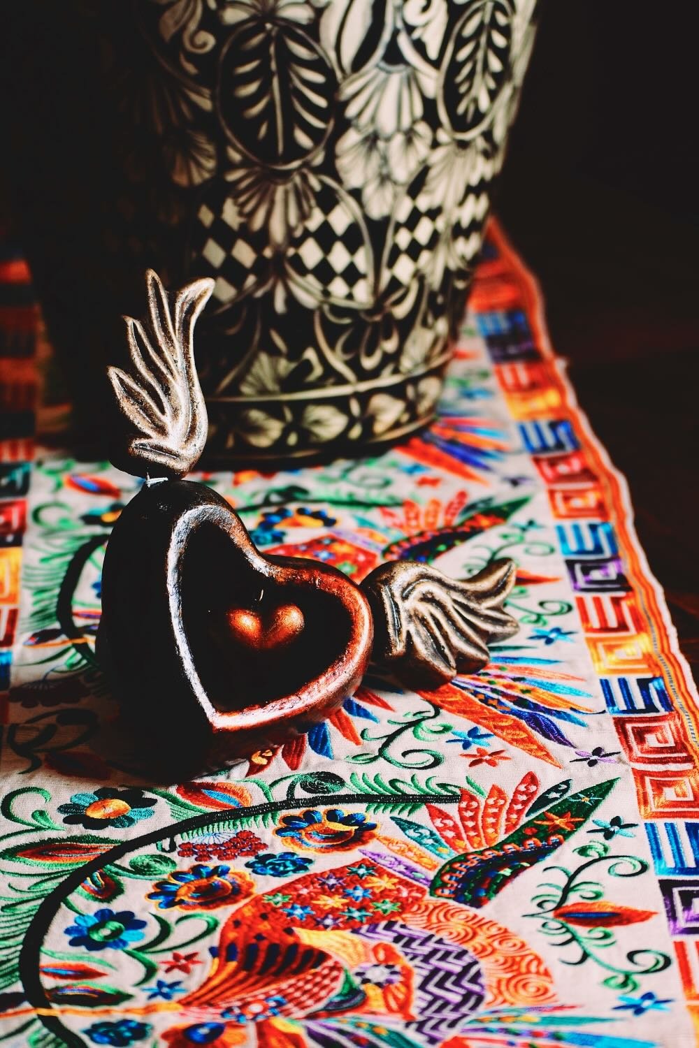Clay Sacred Heart with Wings, Oaxaca Embroidered Table Runner & Ginger Jar from Mexico