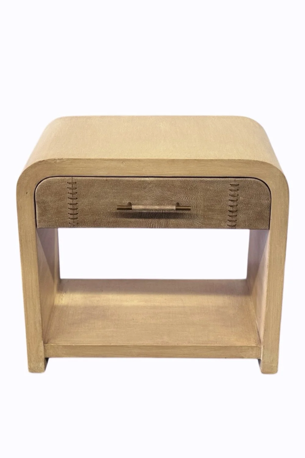 Shop the Yazmin Leather Nightstand handmade in Peru. Curved wood design, leather drawer, and open shelf for modern, coastal, or minimalist bedrooms.