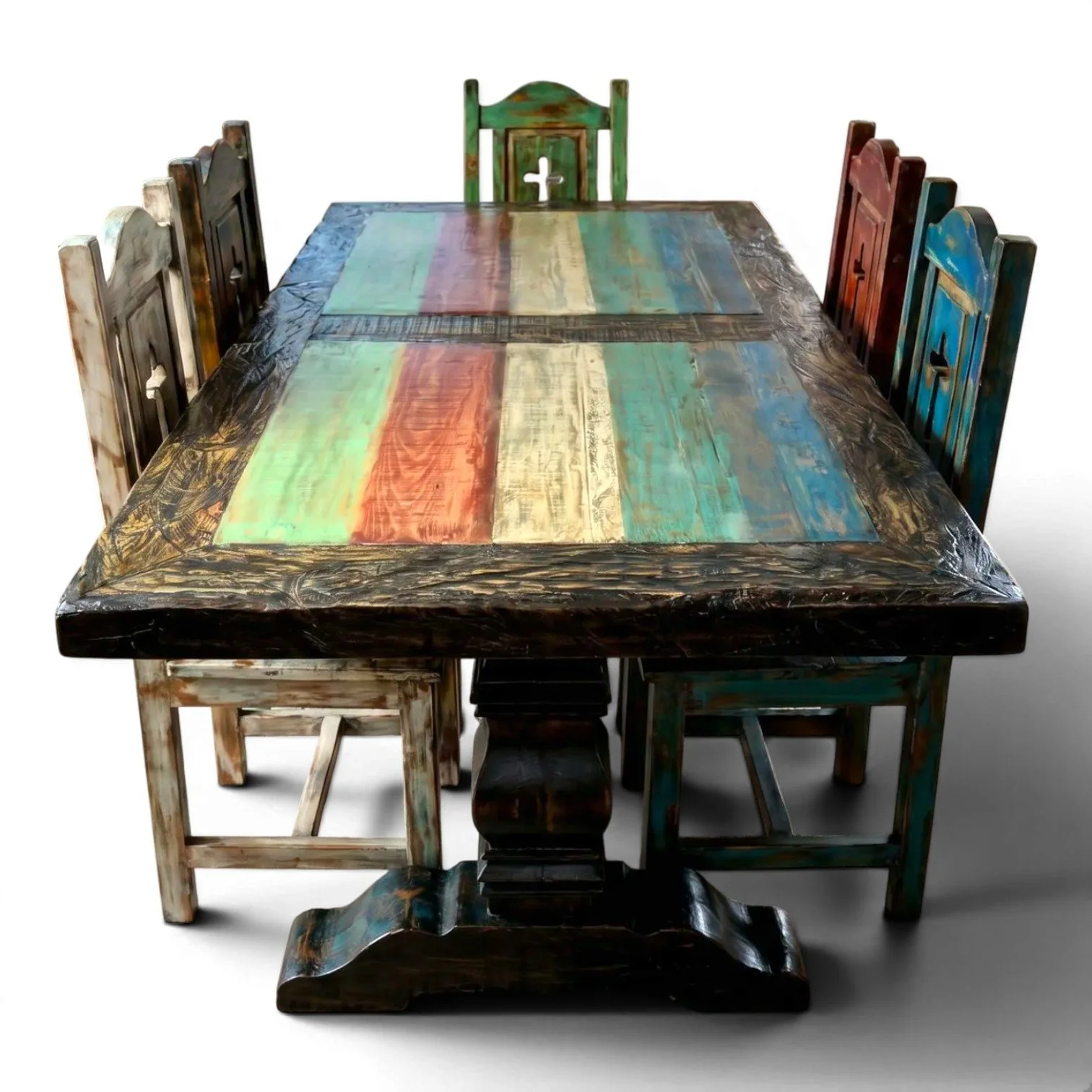 Handmade Mexican reclaimed wood dining table with hand-painted top and trestle base