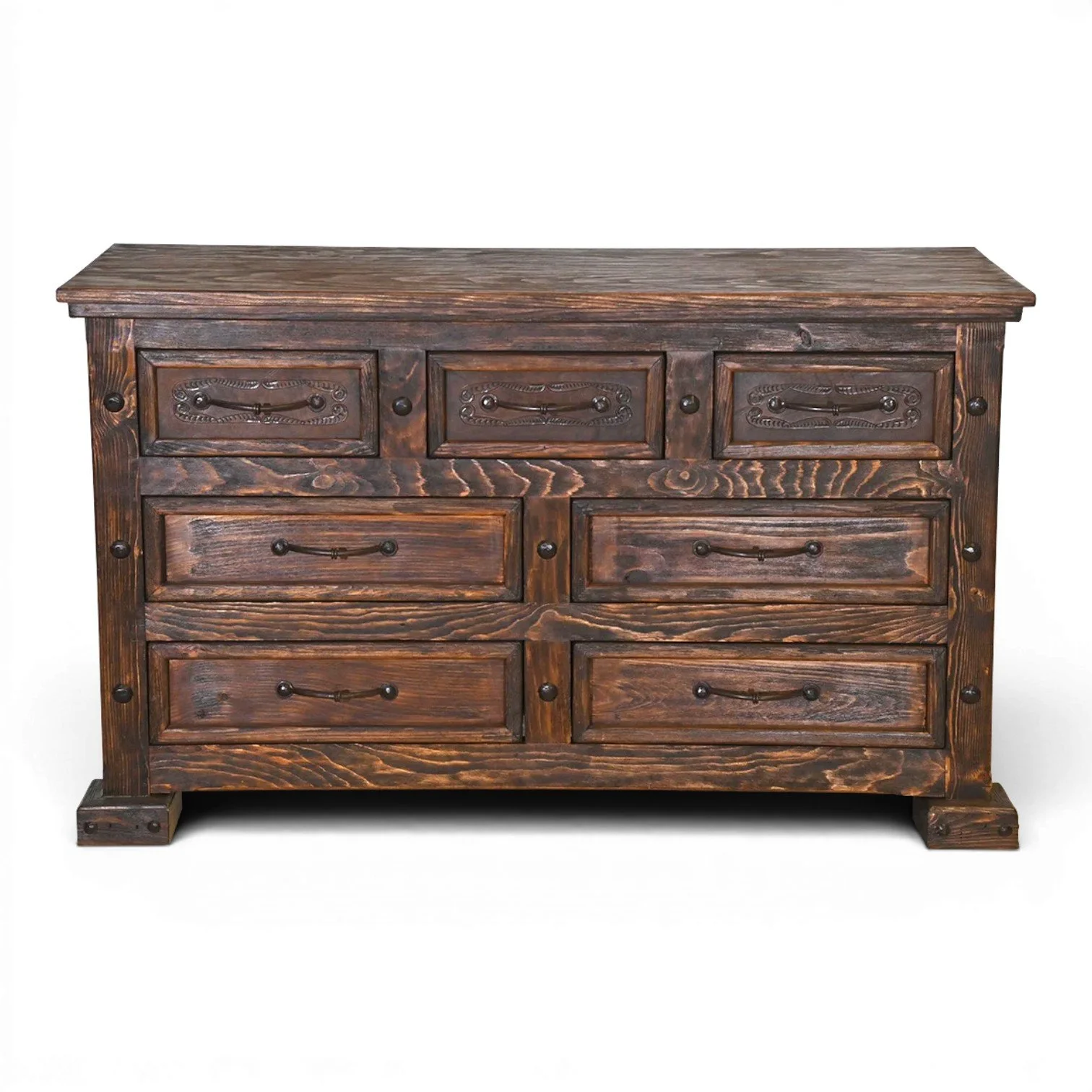 Tucson Tooled Leather Dresser | Handmade Western Solid Wood Dresser Mexico